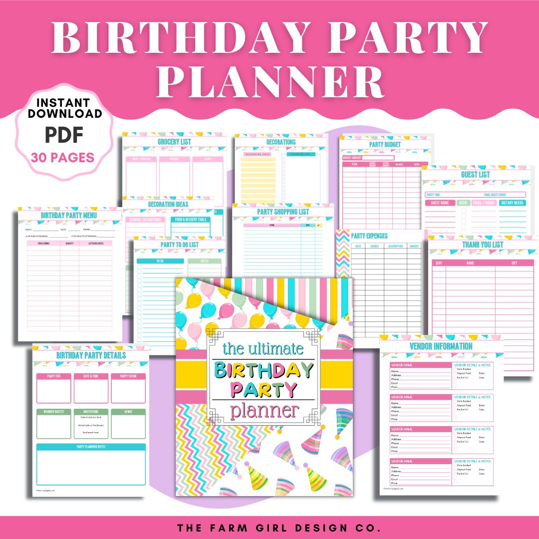 Plan the best birthday party on the block with this printable birthday party planner. This 30-page printable planner is available in two PDF formats: US Letter & A4. Track your party budget, guest list, party menu and more with this helpful digital party planner.