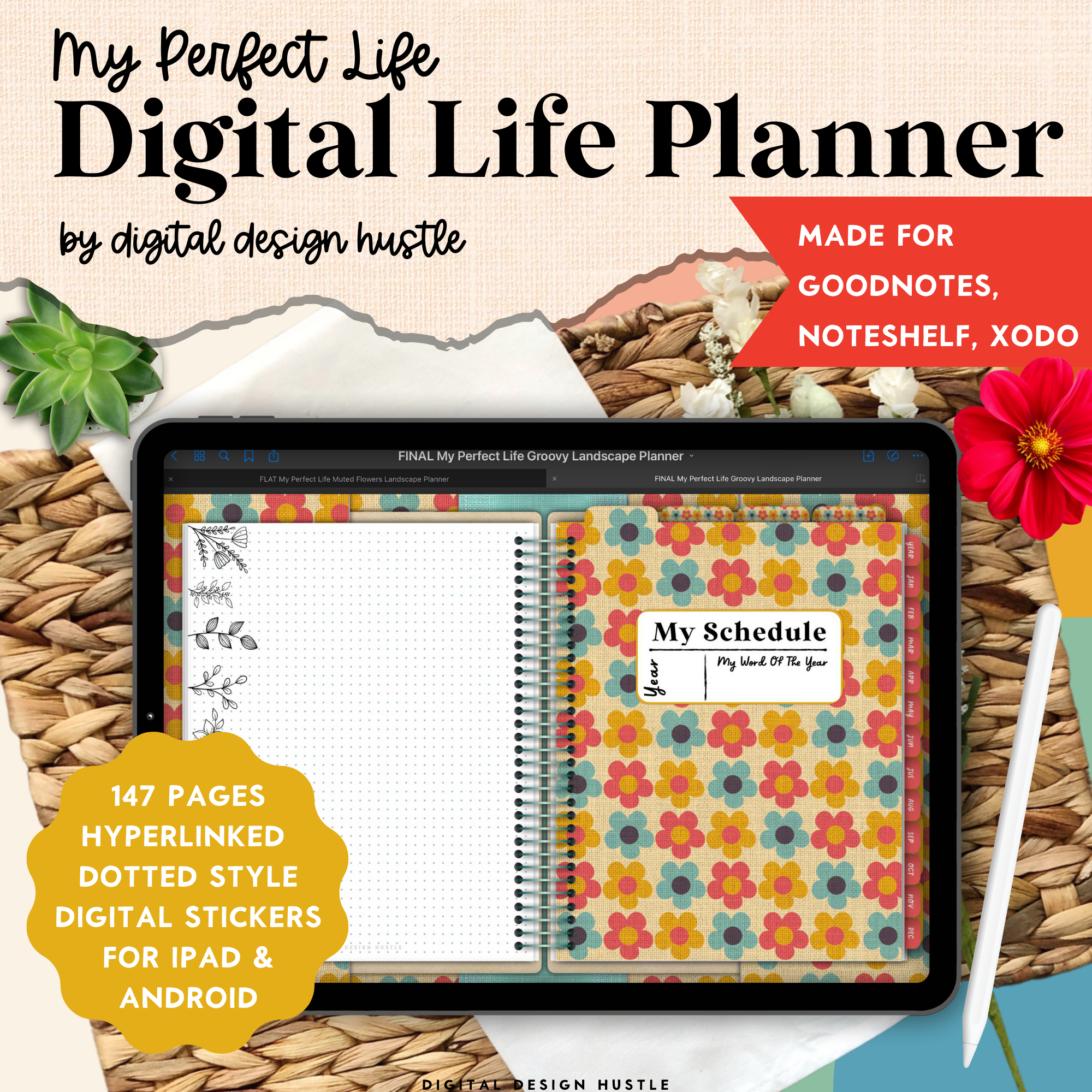 Groovy Flowers Undated Digital Landscape Planner With Digital Stickers