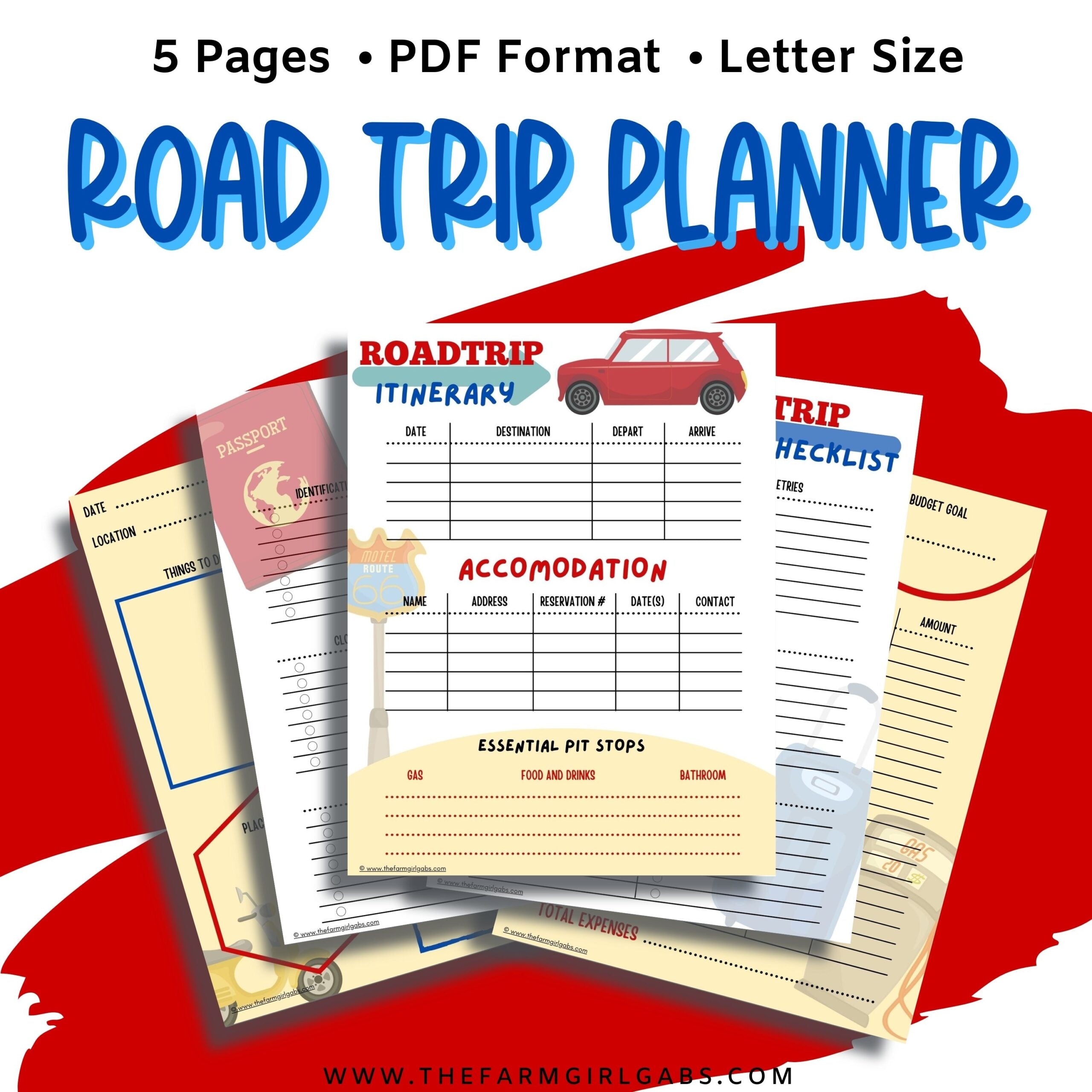 Ready to hit the road on a good old fashioned family vacation? This printable Family Road Trip Planner will help you plan an epic road trip. This 5-page vacation planner includes a budget worksheet, itinerary sheet, things to see and do, a travel journal, and a road trip check list.