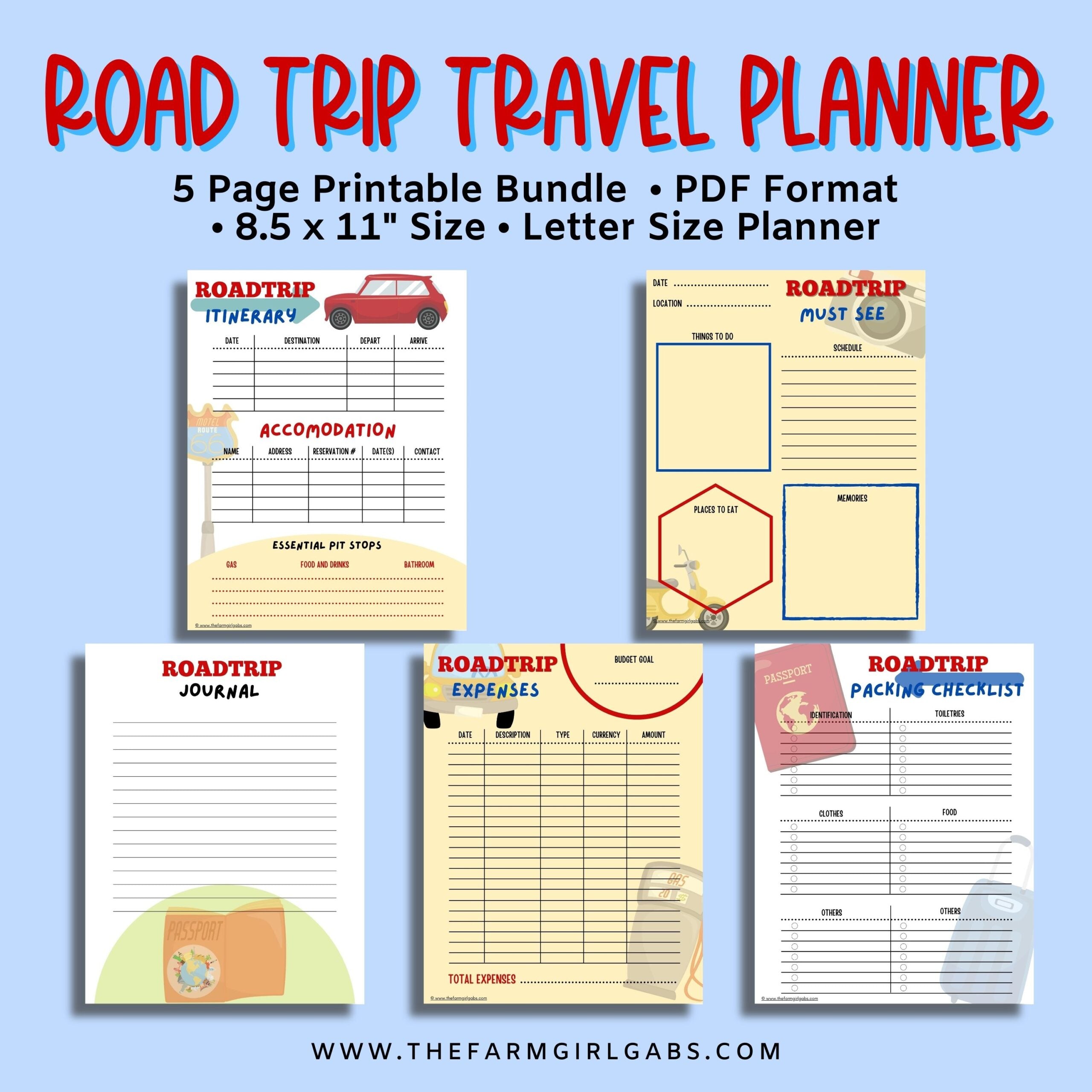 Ready to hit the road on a good old fashioned family vacation? This printable Family Road Trip Planner will help you plan an epic road trip. This 5-page vacation planner includes a budget worksheet, itinerary sheet, things to see and do, a travel journal, and a road trip check list.