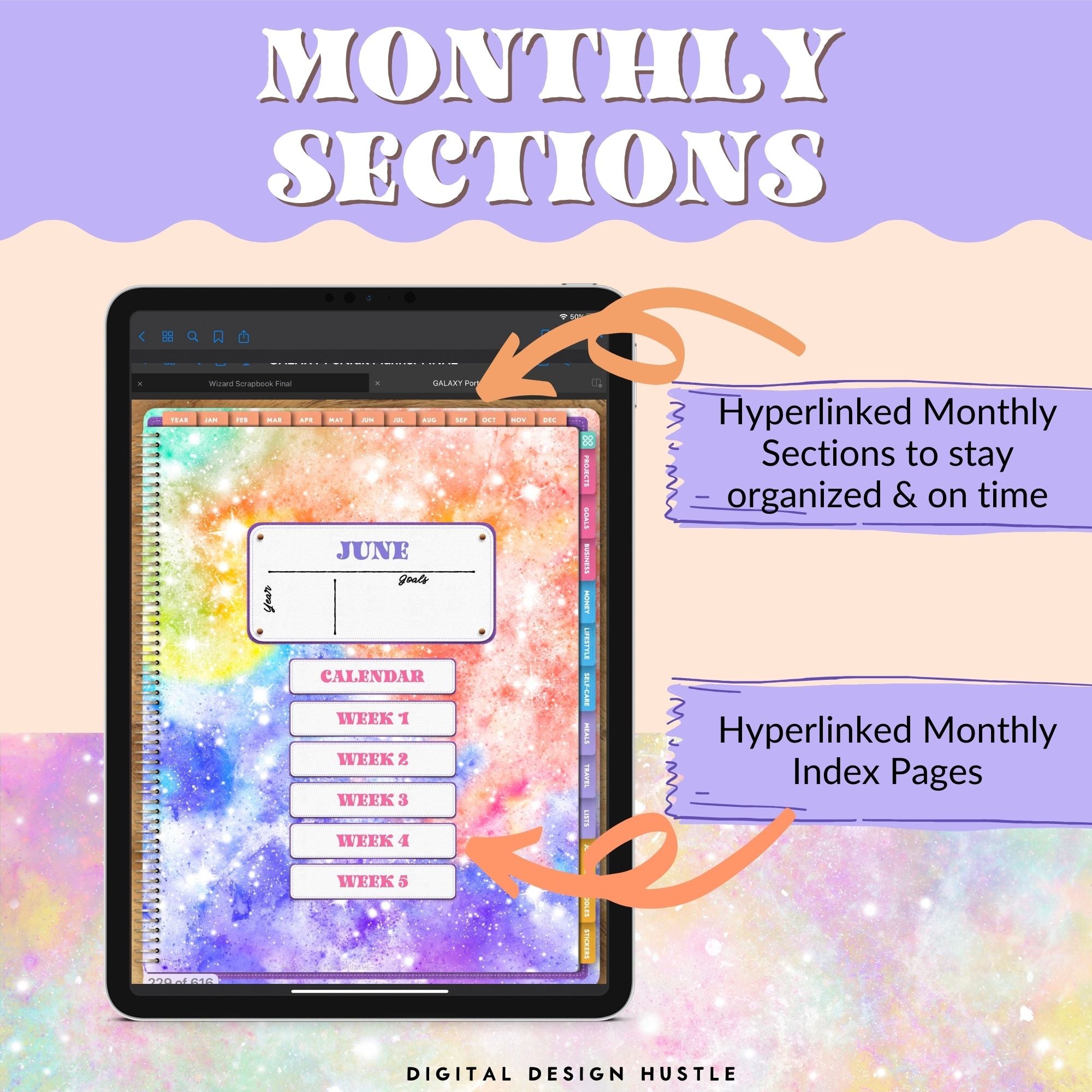 Plan your perfect day with this digital galaxy print Digital Life Planner. This undated digital planner has all the tools you need to get organized in your life. This All In One Digital Planner will help you focus on your yearly, monthly, weekly & daily plans as well as goals, finances, lifestyle, wellness, business, mindset and more.