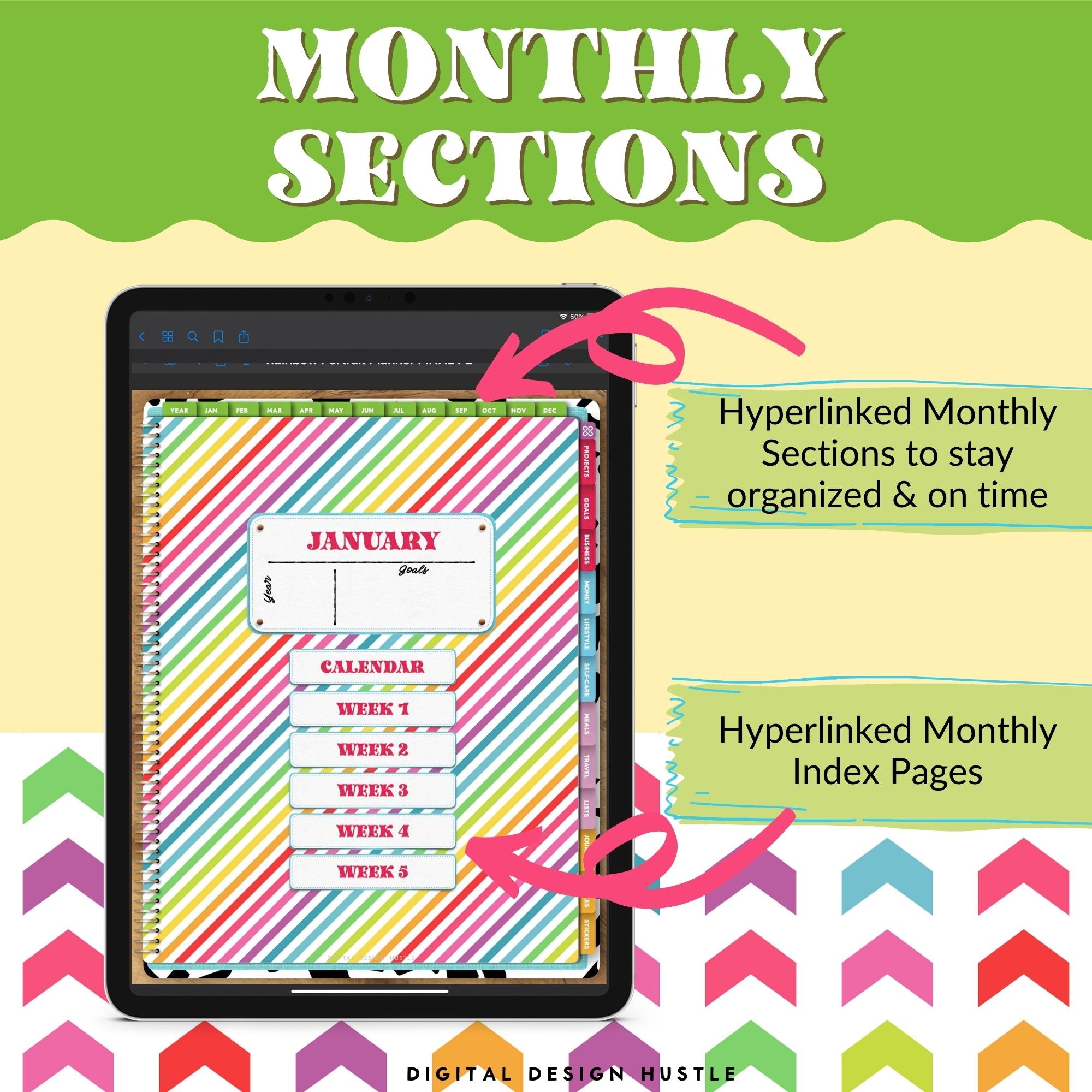 Plan your perfect day with this digital rainbow-themed Digital Life Planner. This undated digital planner has all the tools you need to get organized in your life.