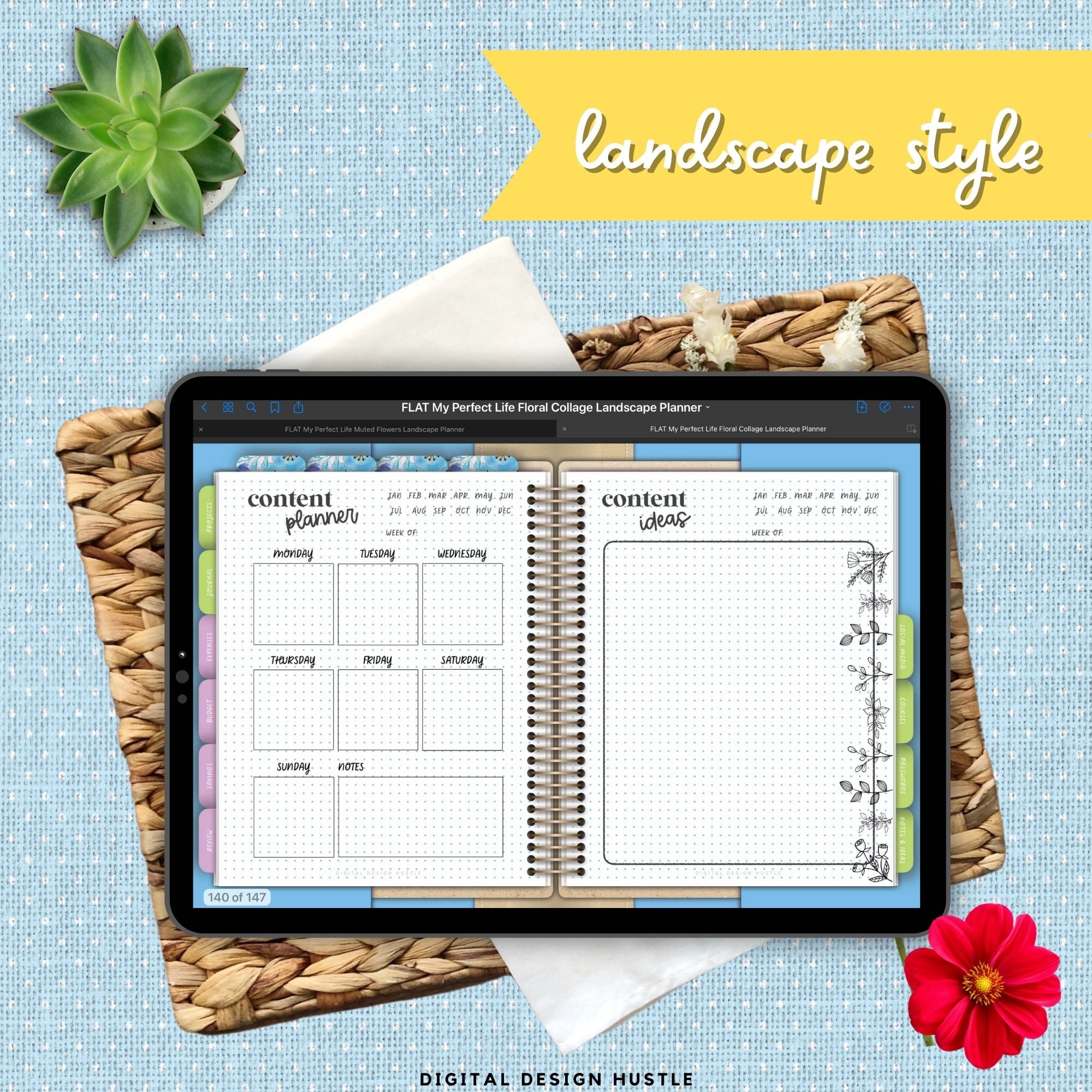 Blue Floral Collage Digital Landscape Planner With Digital Stickers