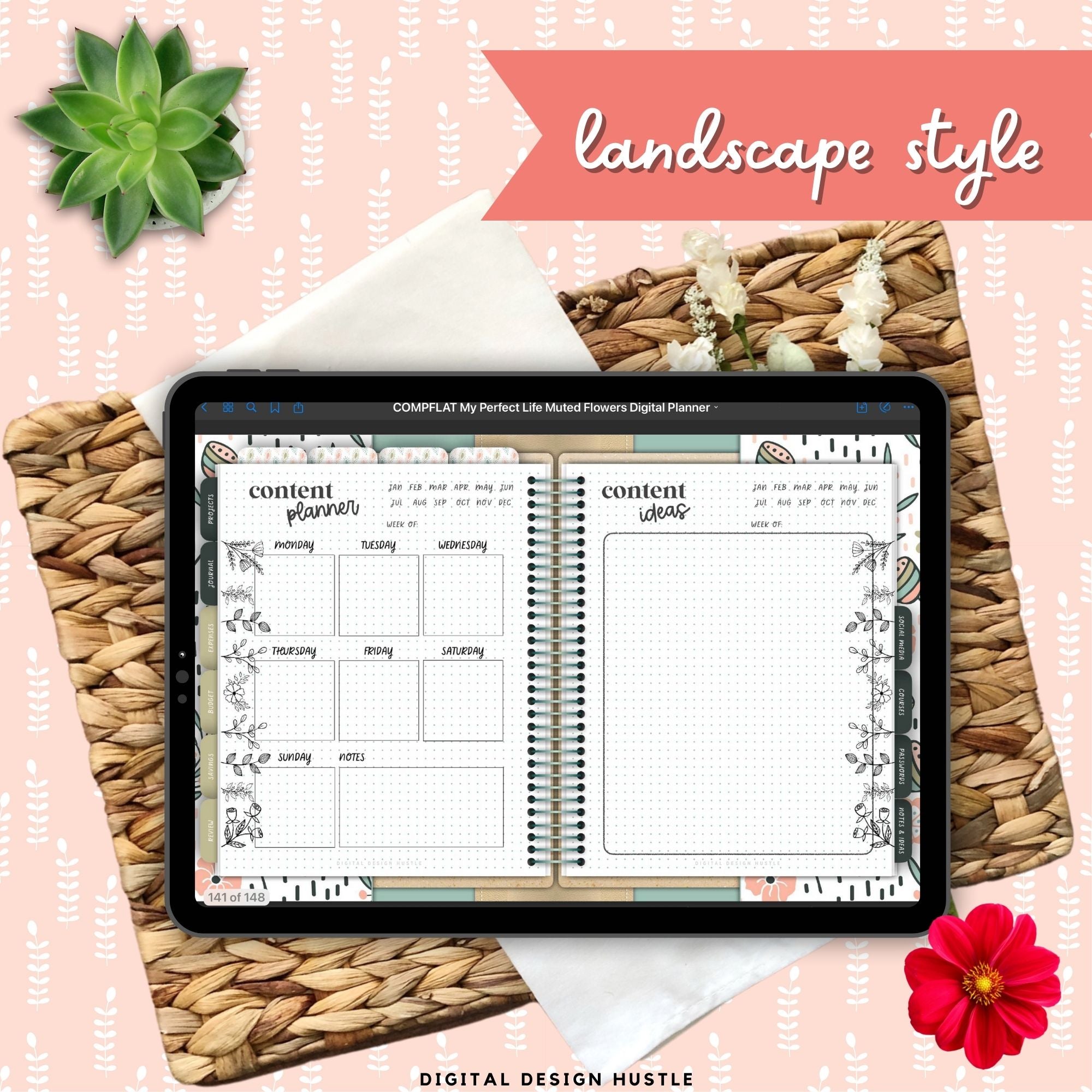 Muted Flowers Digital Landscape Planner With Digital Stickers
