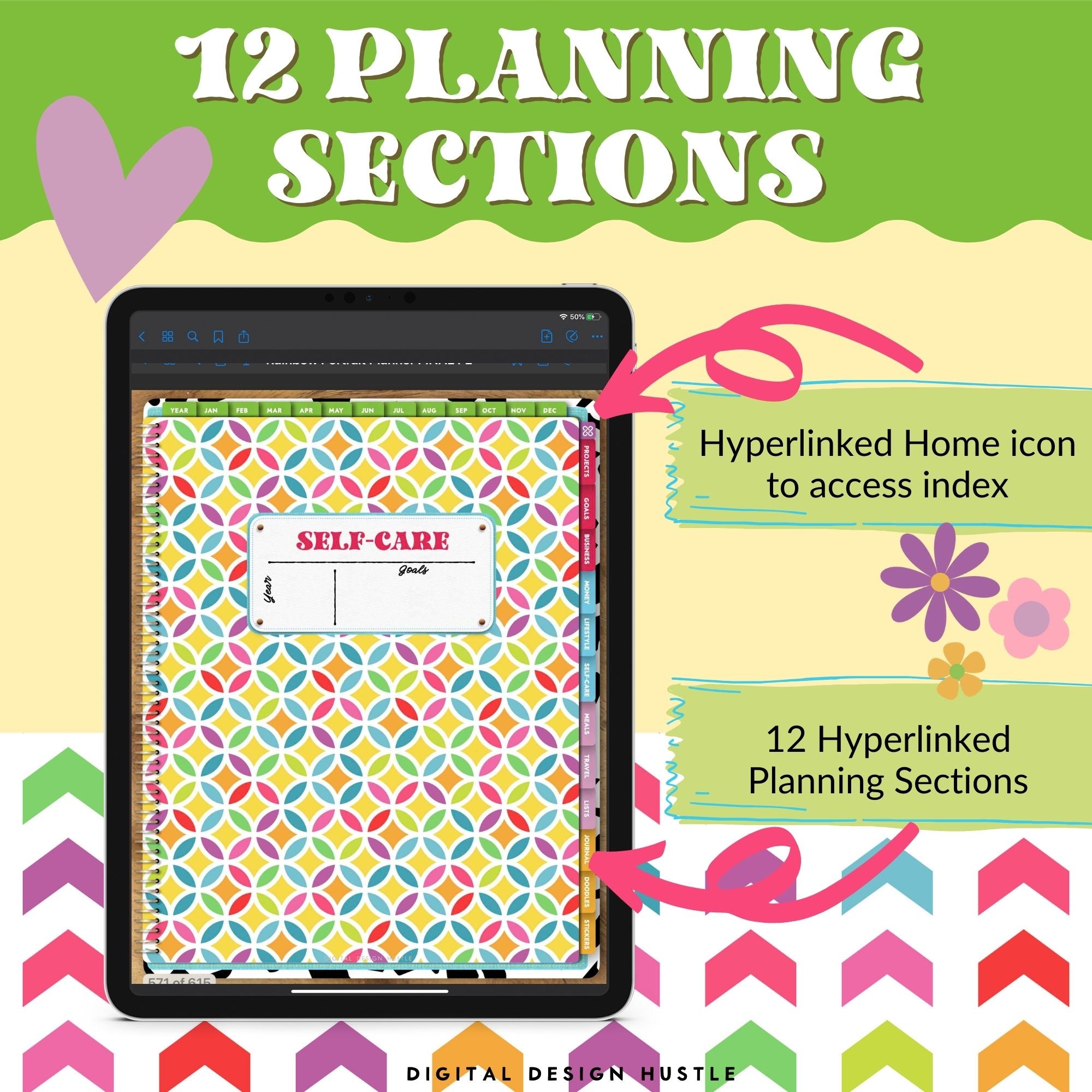 Plan your perfect day with this digital rainbow-themed Digital Life Planner. This undated digital planner has all the tools you need to get organized in your life.