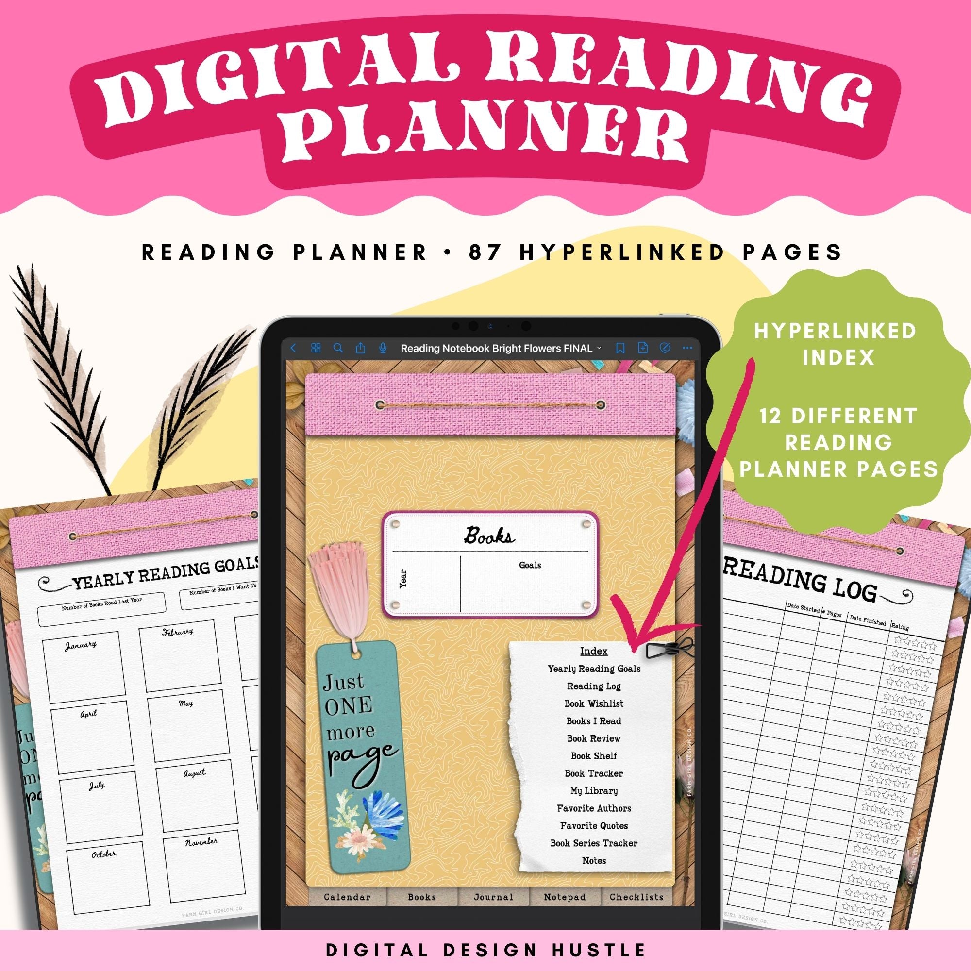 This bright floral-themed digital reading notebook is a fun way to track reading progress, take notes in the digital notebook and write ideas and thoughts in the digital journal. This reading planner 5 different hyperlinked sections: Reading Planner, Journal, Calendar, Notes, and checklists.