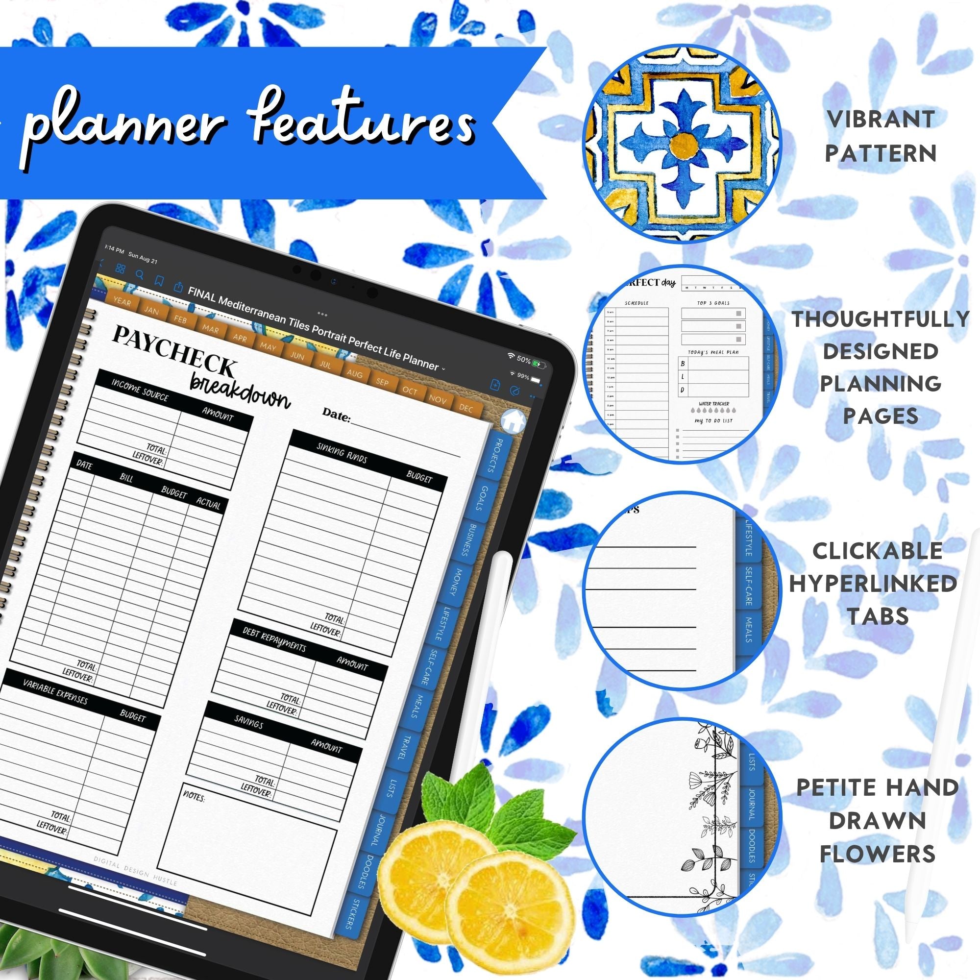Mediterranean Tiles Digital Planner With Digital Stickers