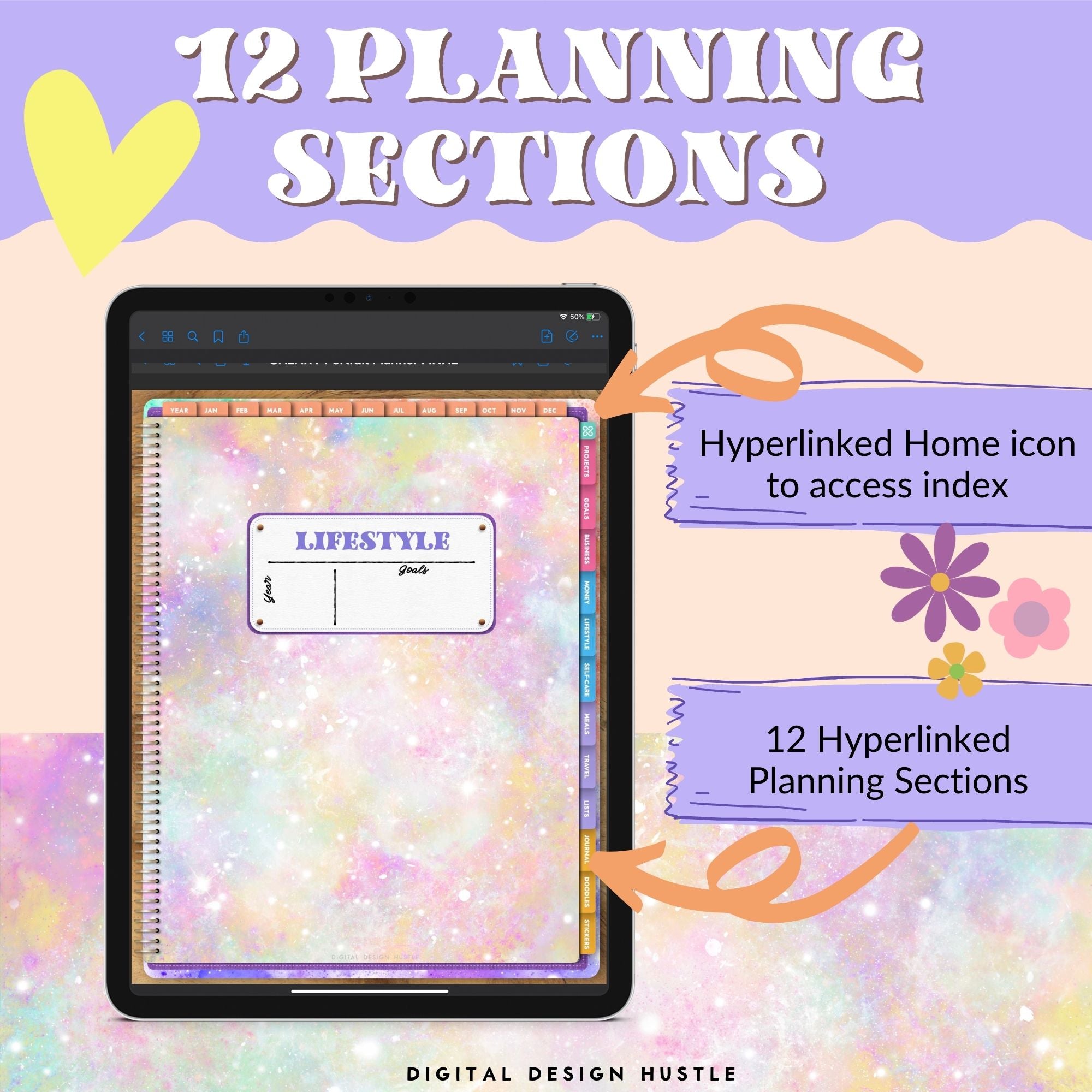 Plan your perfect day with this digital galaxy print Digital Life Planner. This undated digital planner has all the tools you need to get organized in your life. This All In One Digital Planner will help you focus on your yearly, monthly, weekly & daily plans as well as goals, finances, lifestyle, wellness, business, mindset and more.