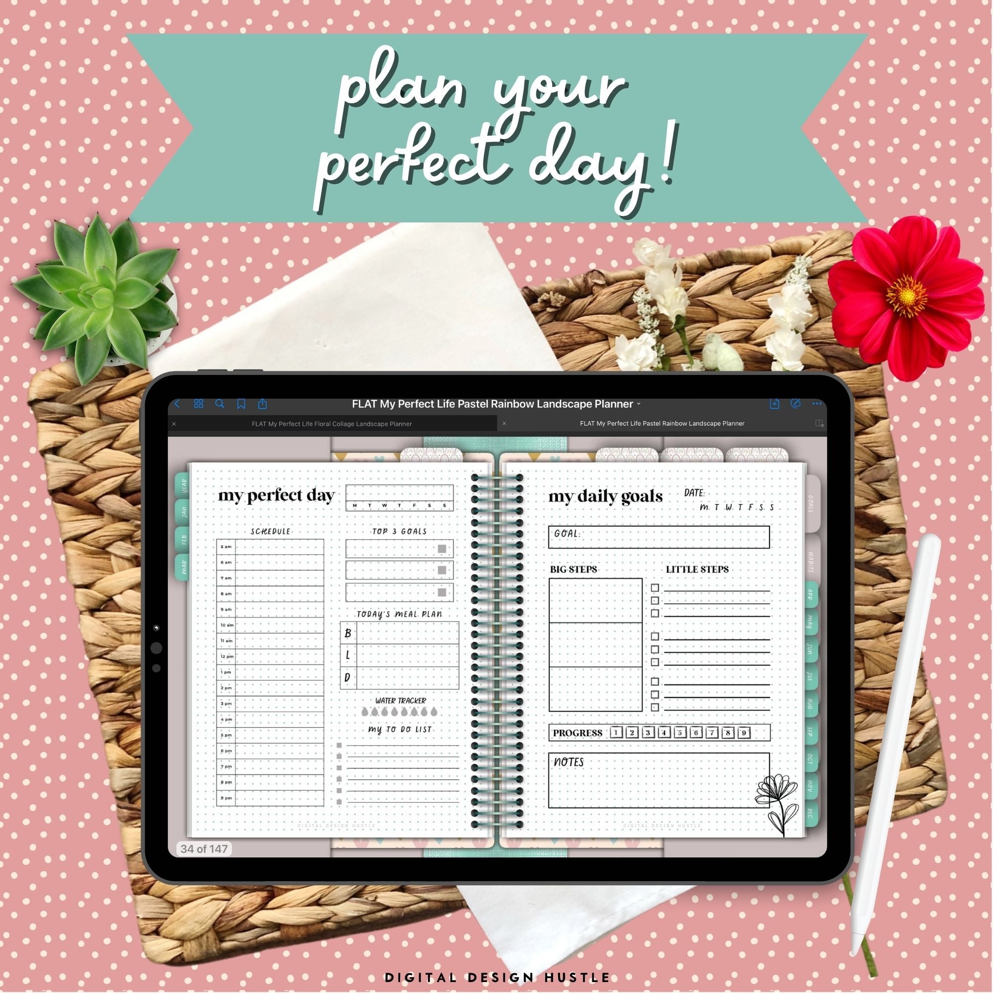 Pastel Rainbows Undated Digital Landscape Planner With Digital Stickers