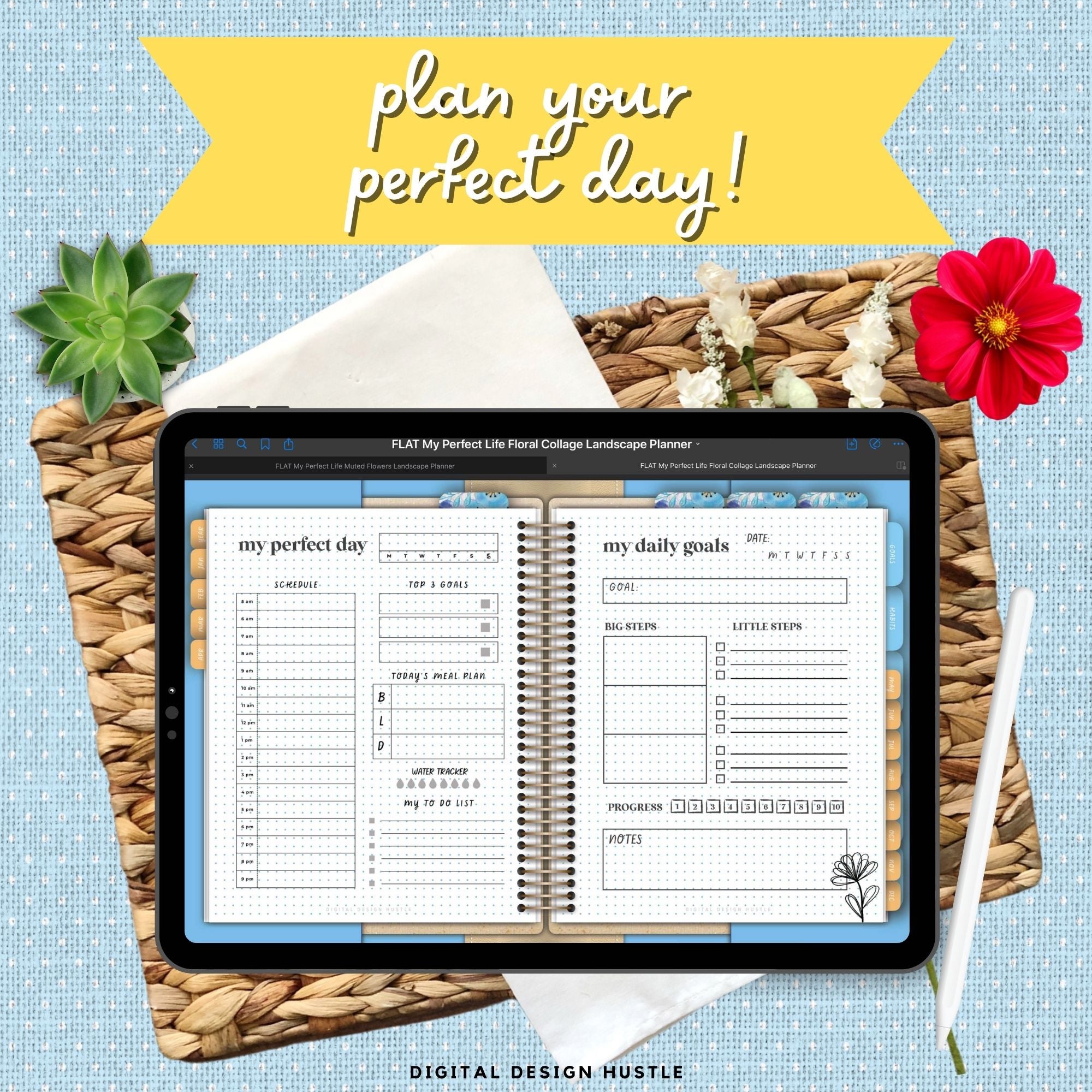 Blue Floral Collage Digital Landscape Planner With Digital Stickers