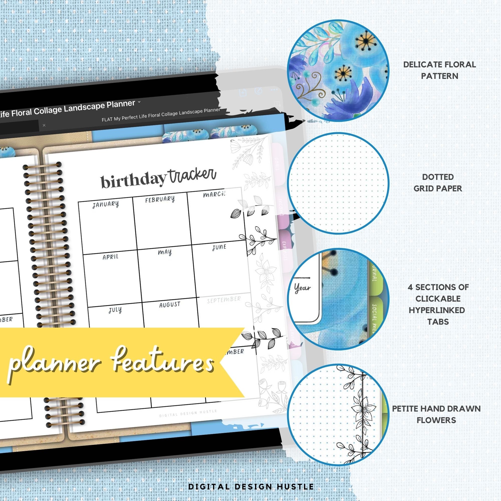 Blue Floral Collage Digital Landscape Planner With Digital Stickers