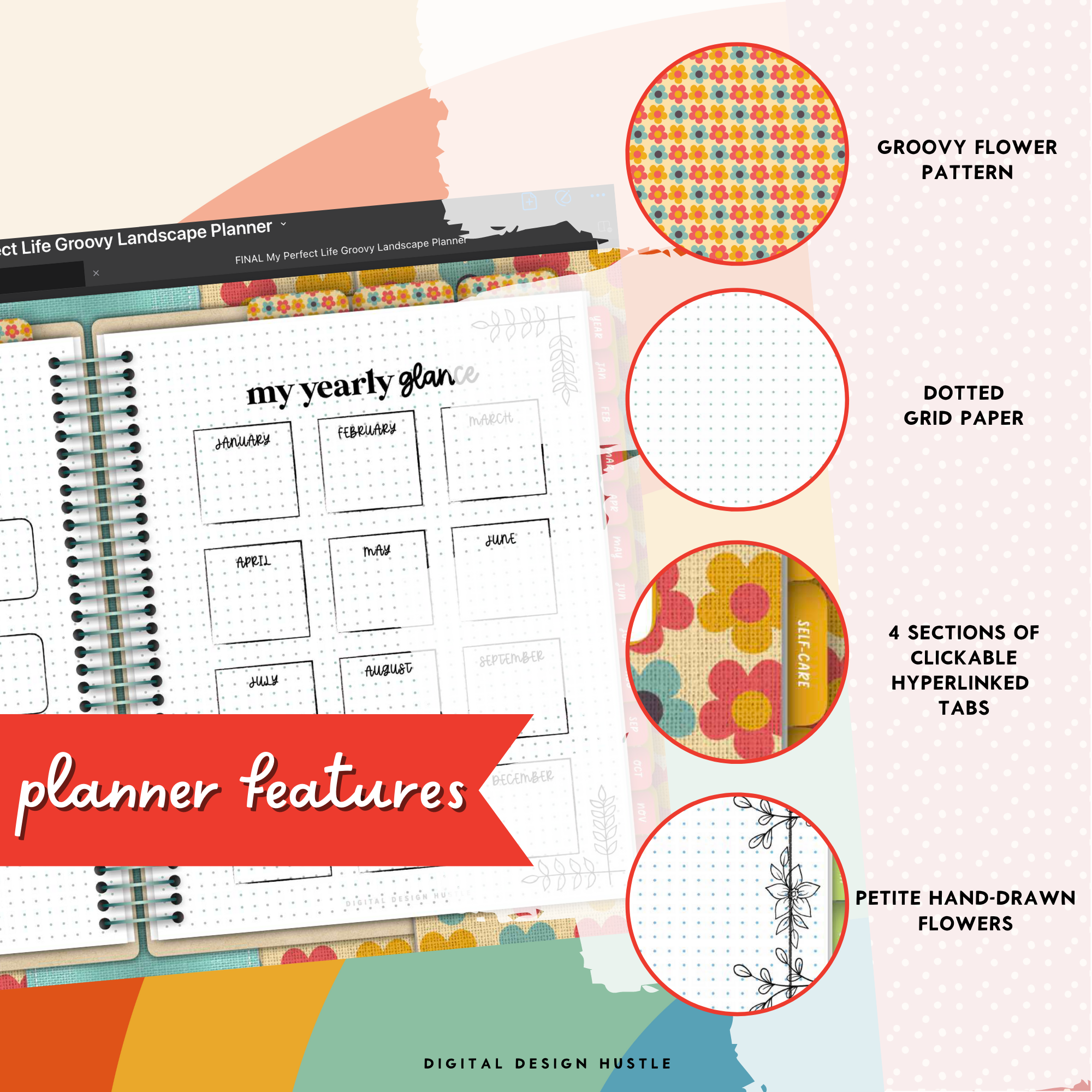 Groovy Flowers Undated Digital Landscape Planner With Digital Stickers