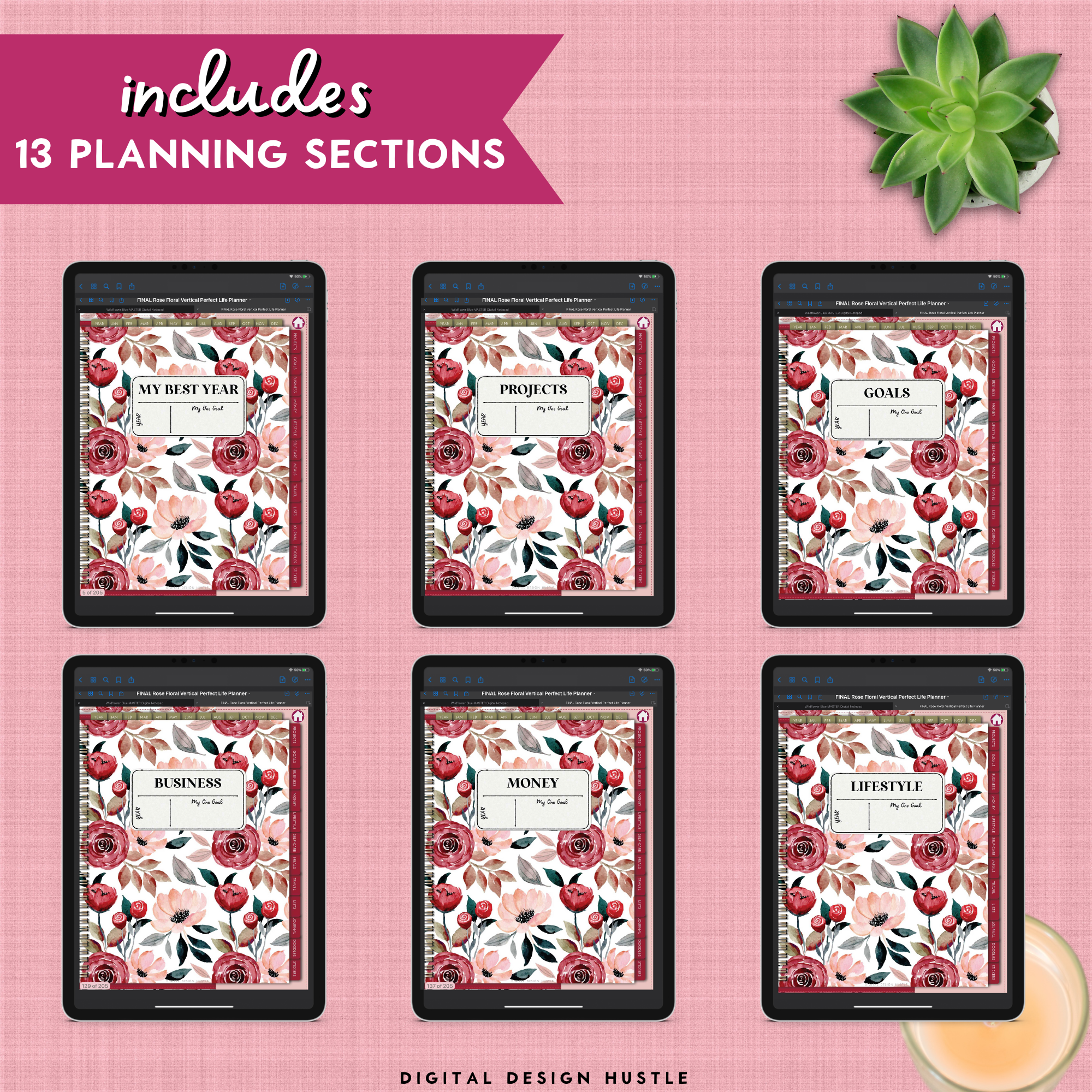 Floral Rose Digital Planner With Digital Stickers