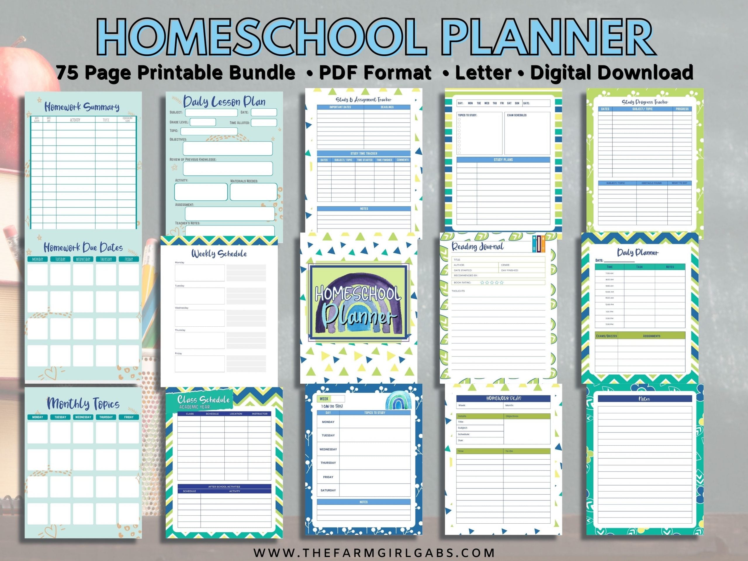 Start your homeschool year ready and organized. This 75-page printable homeschool planner has all the information you need to plan a successful school year for your kids. This Ultimate Homeschool Planner Bundle will help you plan your days, weeks and year and track your success. This printable student planner comes in four sizes. Plan out the entire school year with this easy to use school planner.