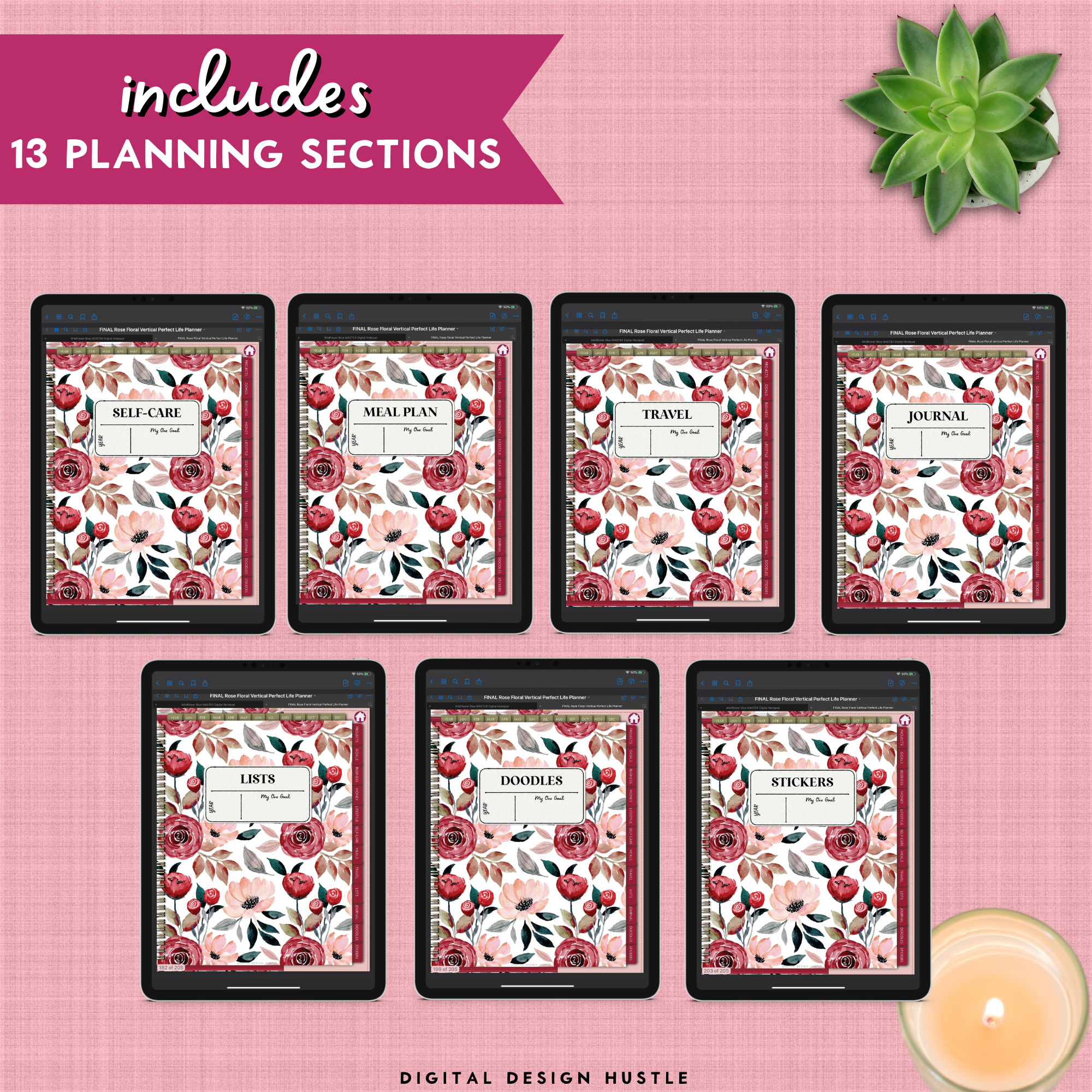 Floral Rose Digital Planner With Digital Stickers