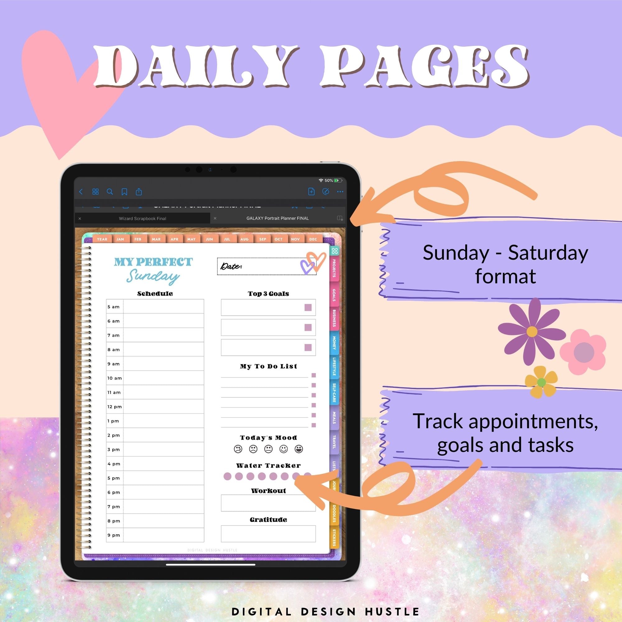 Plan your perfect day with this digital galaxy print Digital Life Planner. This undated digital planner has all the tools you need to get organized in your life. This All In One Digital Planner will help you focus on your yearly, monthly, weekly & daily plans as well as goals, finances, lifestyle, wellness, business, mindset and more.