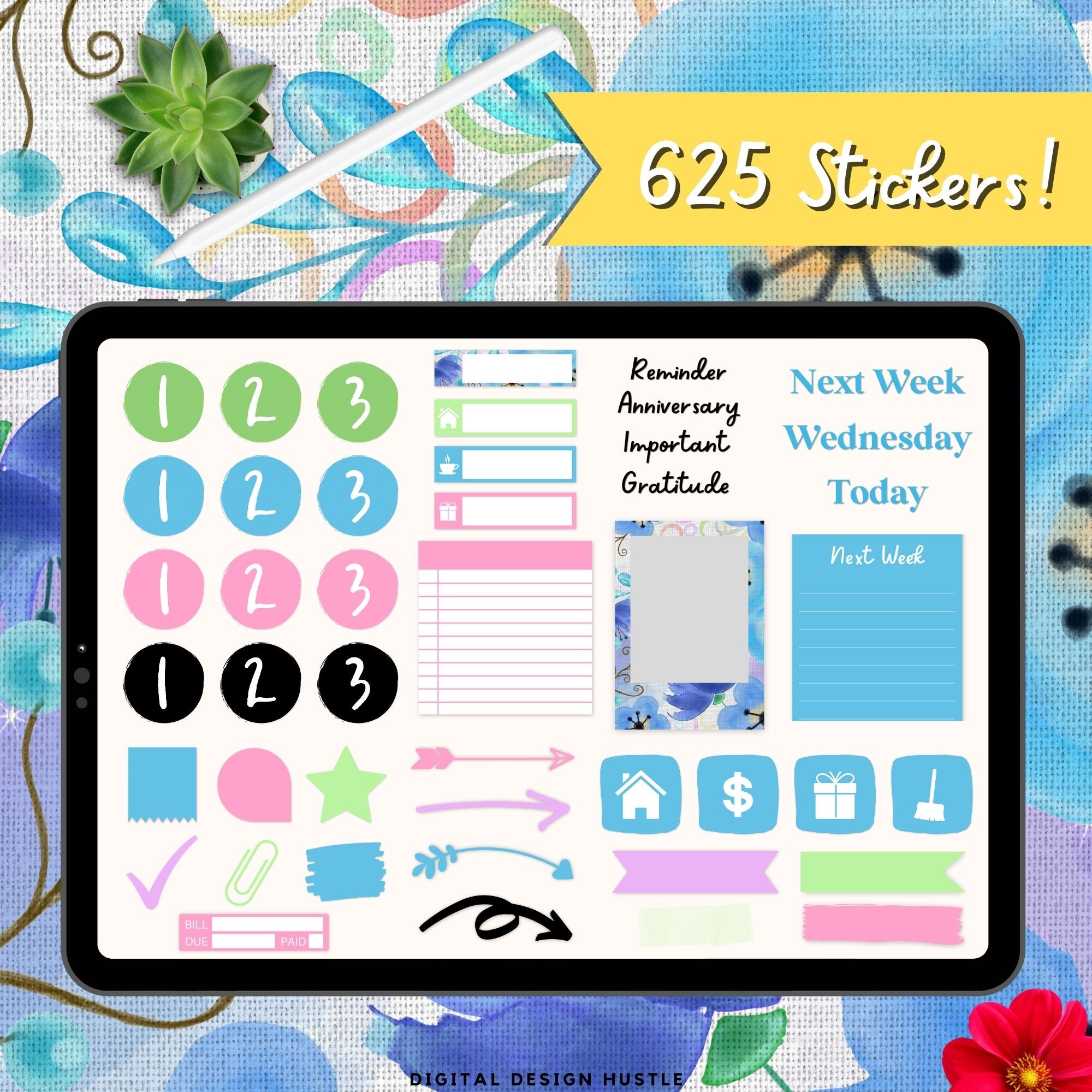 Blue Floral Collage Digital Landscape Planner With Digital Stickers