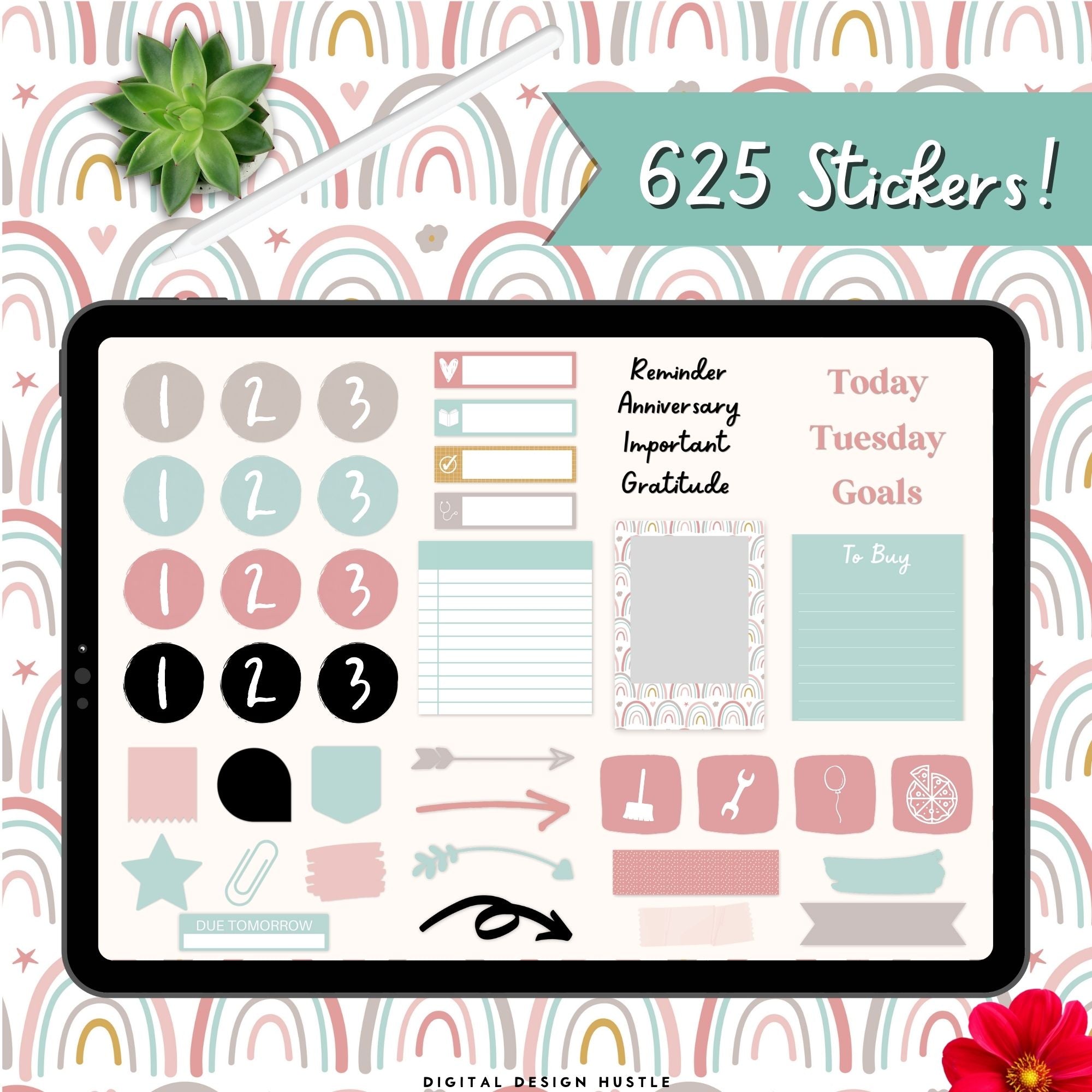Pastel Rainbows Undated Digital Landscape Planner With Digital Stickers