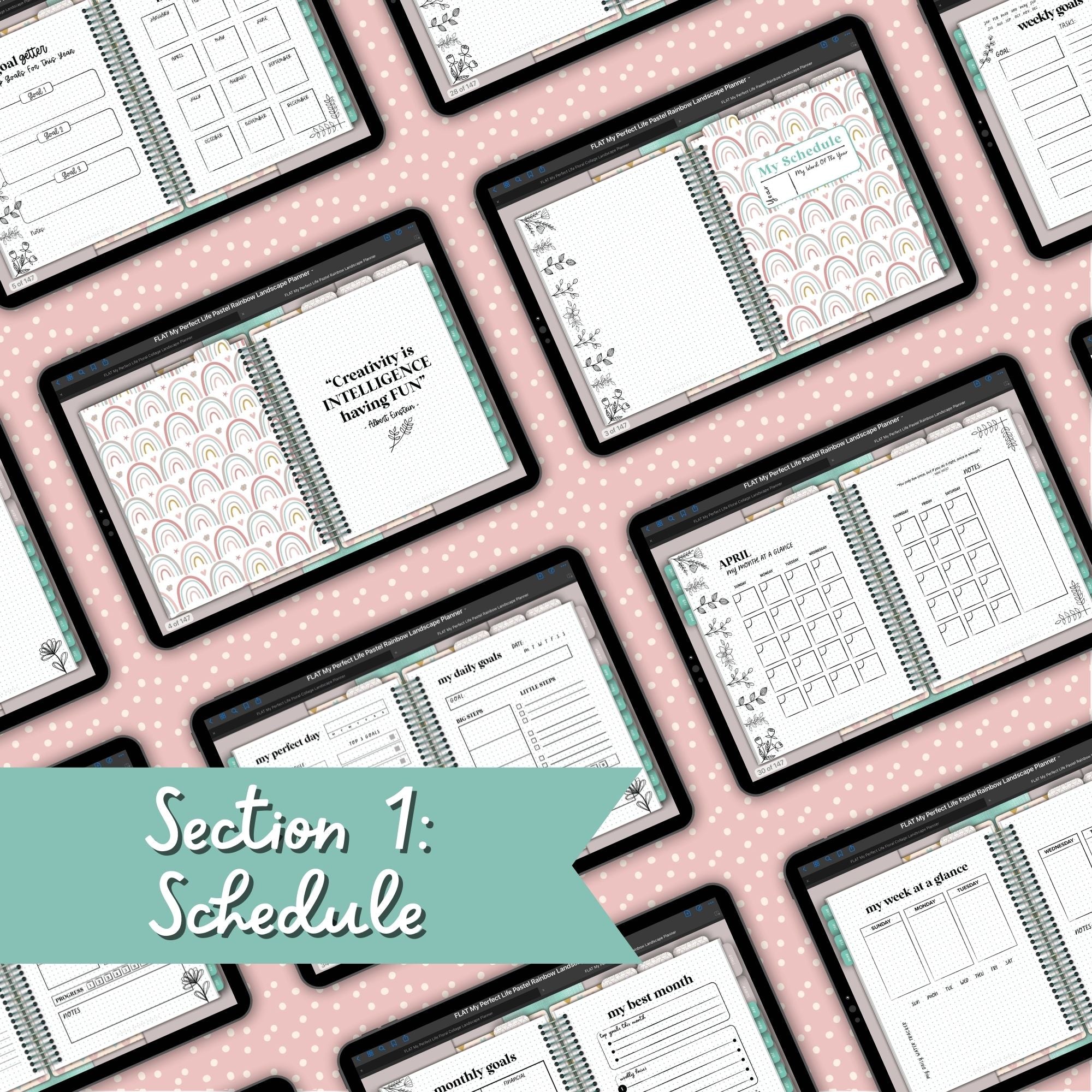 Pastel Rainbows Undated Digital Landscape Planner With Digital Stickers