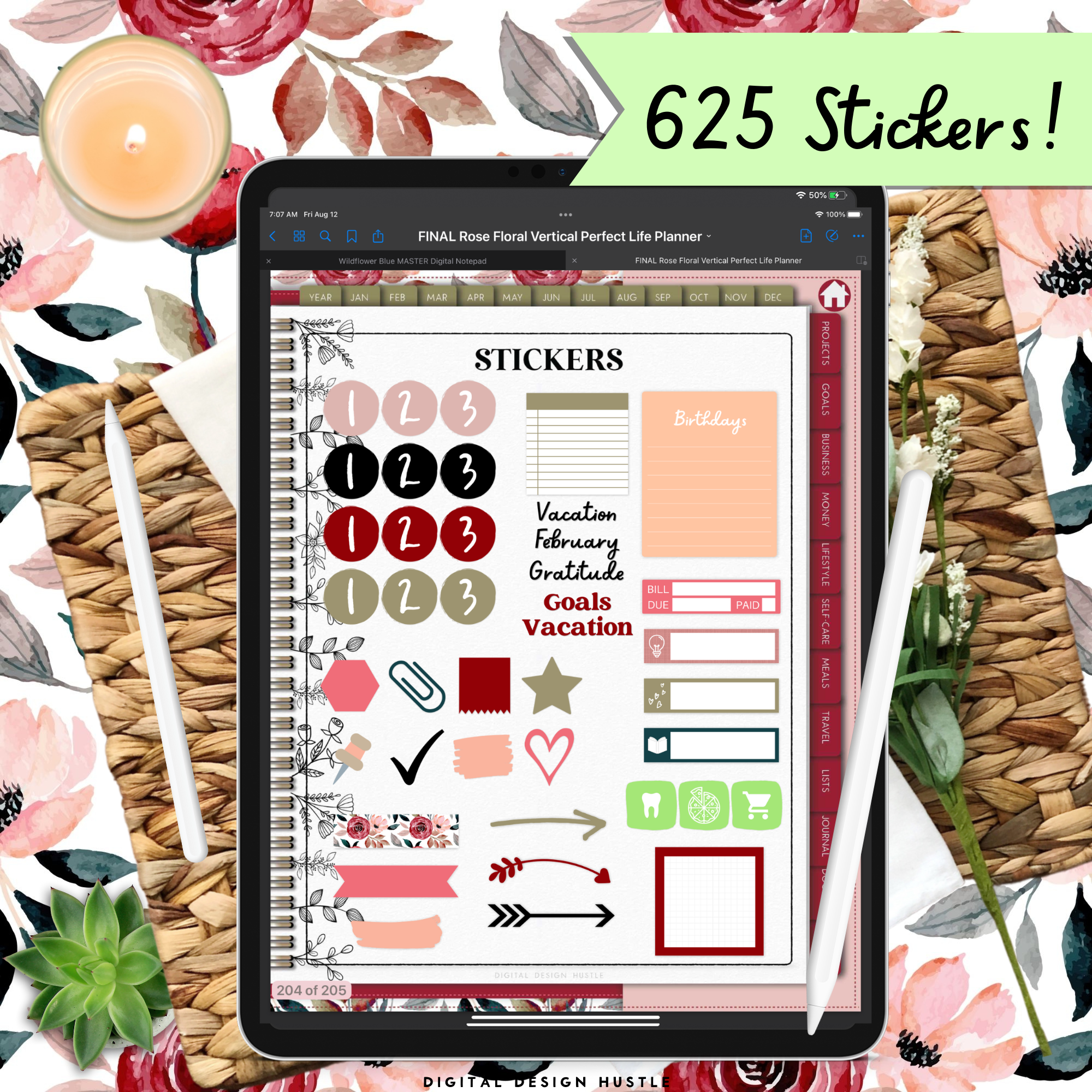 Floral Rose Digital Planner With Digital Stickers
