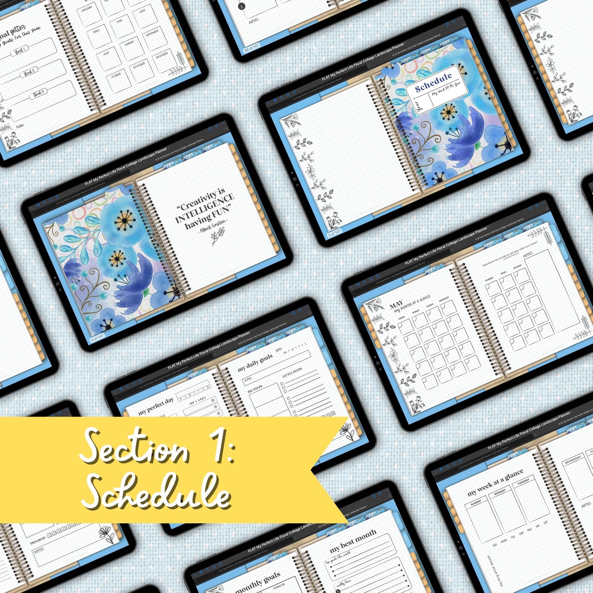 Blue Floral Collage Digital Landscape Planner With Digital Stickers