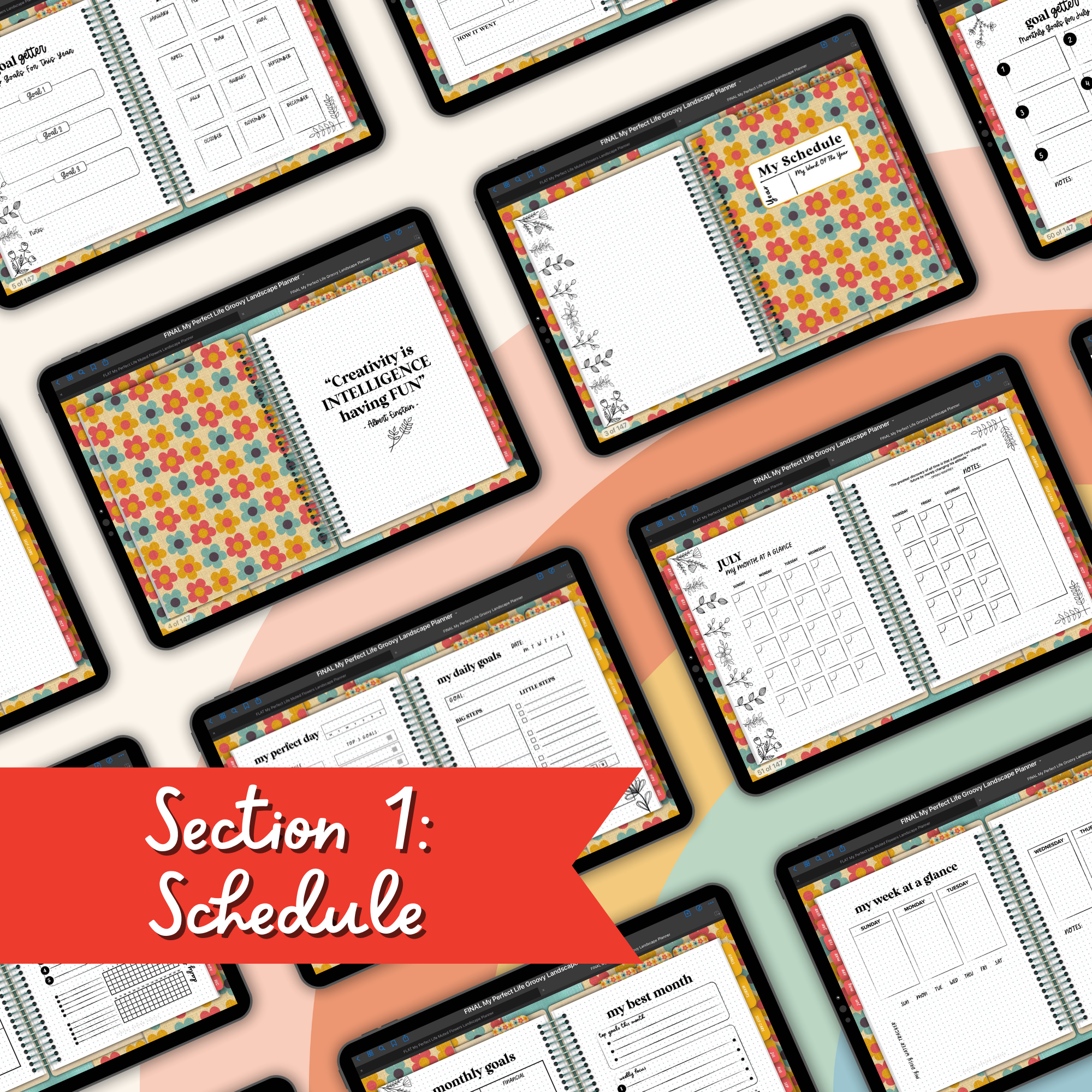 Groovy Flowers Undated Digital Landscape Planner With Digital Stickers