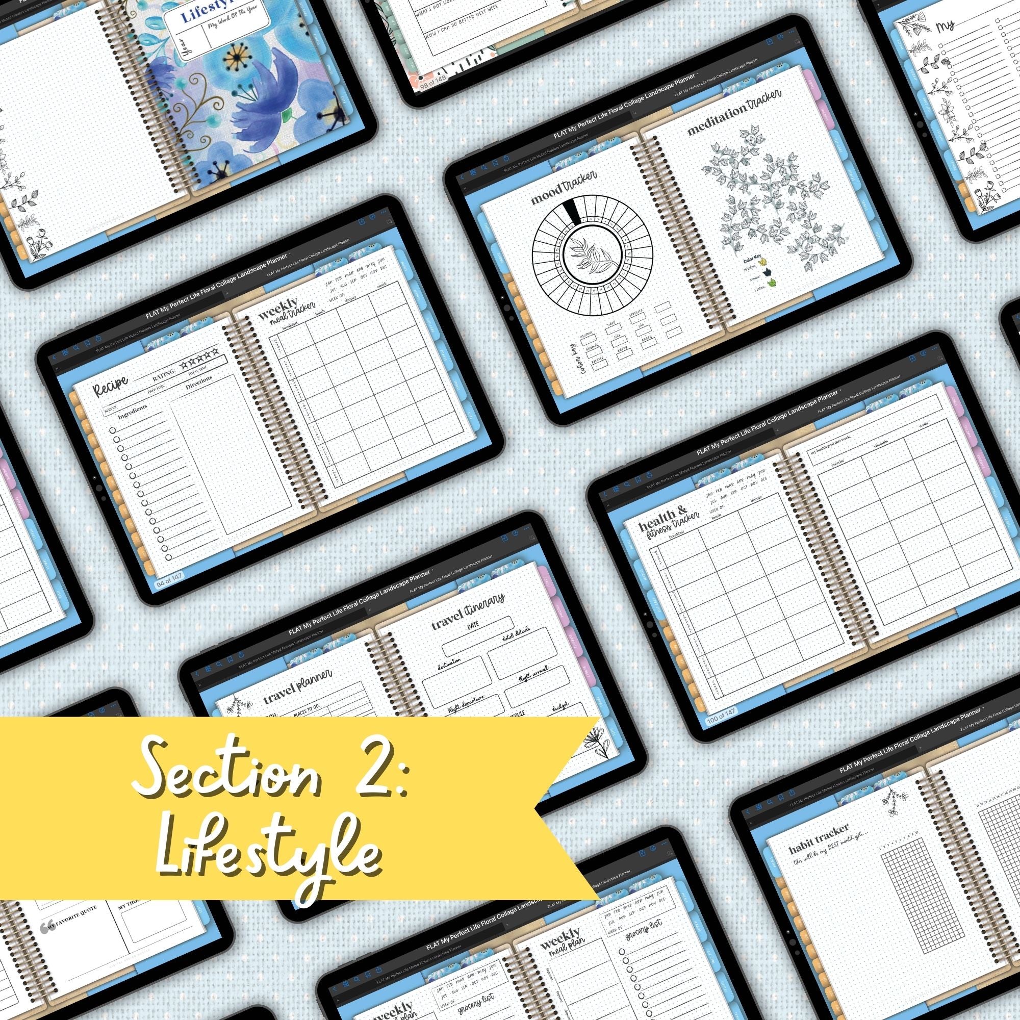 Blue Floral Collage Digital Landscape Planner With Digital Stickers