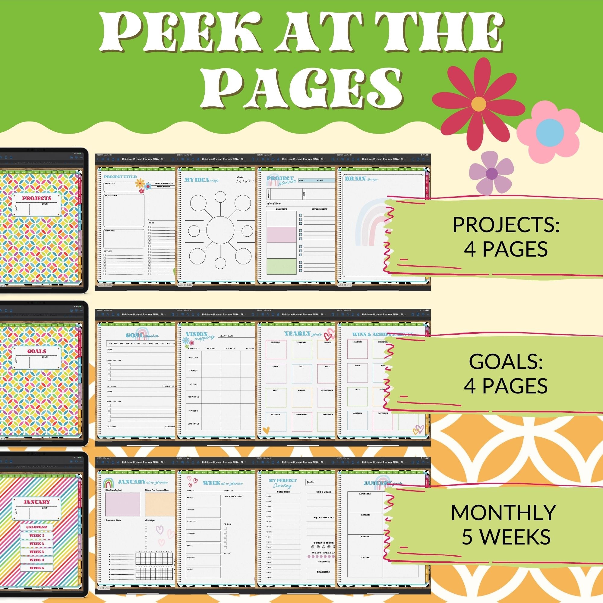 Plan your perfect day with this digital rainbow-themed Digital Life Planner. This undated digital planner has all the tools you need to get organized in your life.