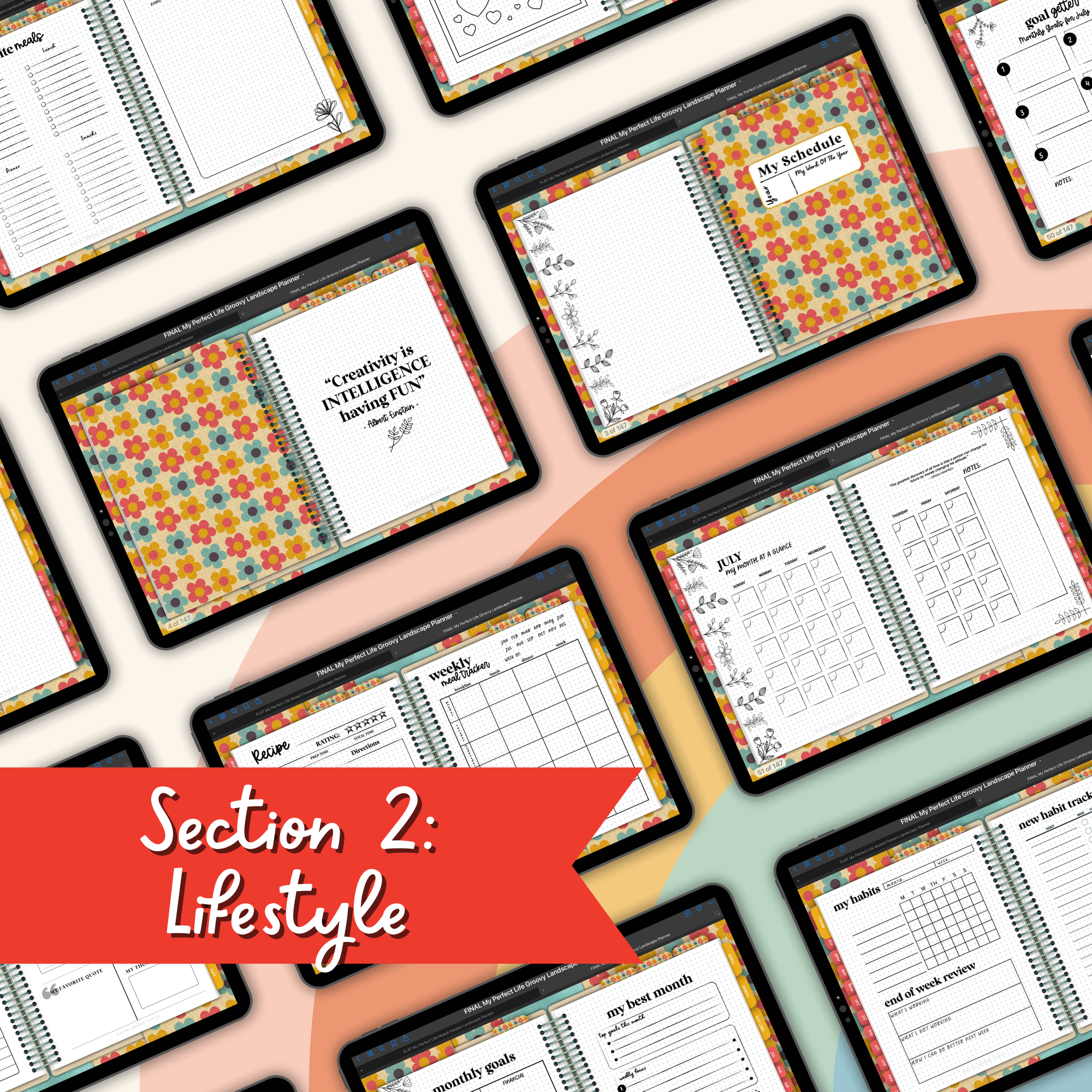 Groovy Flowers Undated Digital Landscape Planner With Digital Stickers