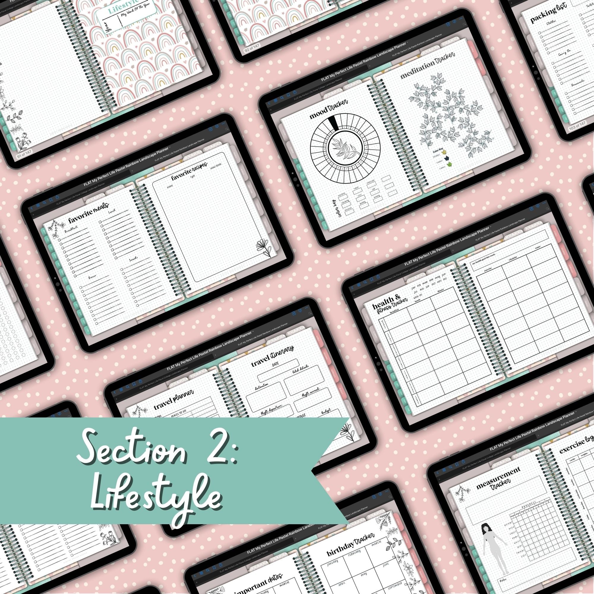 Pastel Rainbows Undated Digital Landscape Planner With Digital Stickers