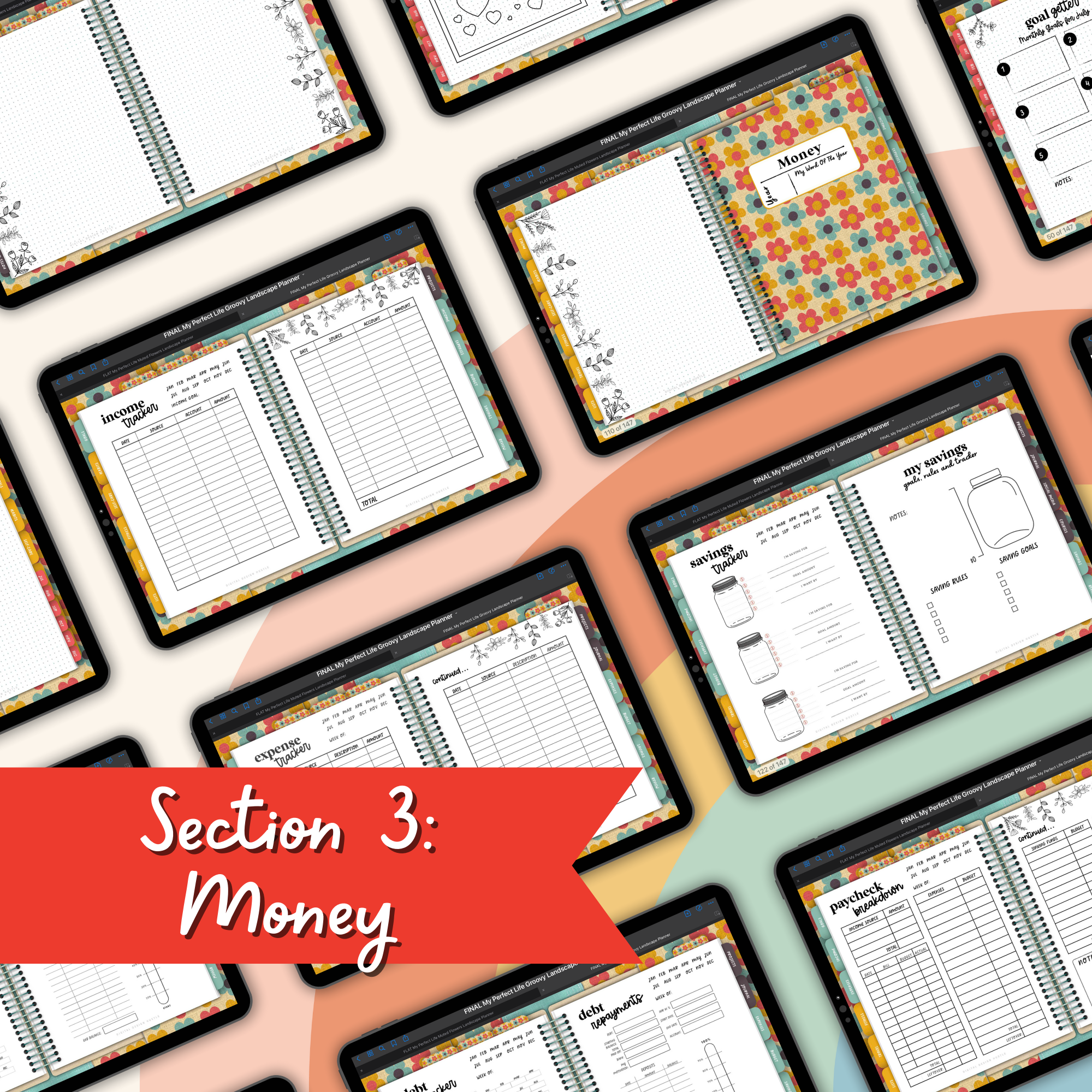 Groovy Flowers Undated Digital Landscape Planner With Digital Stickers