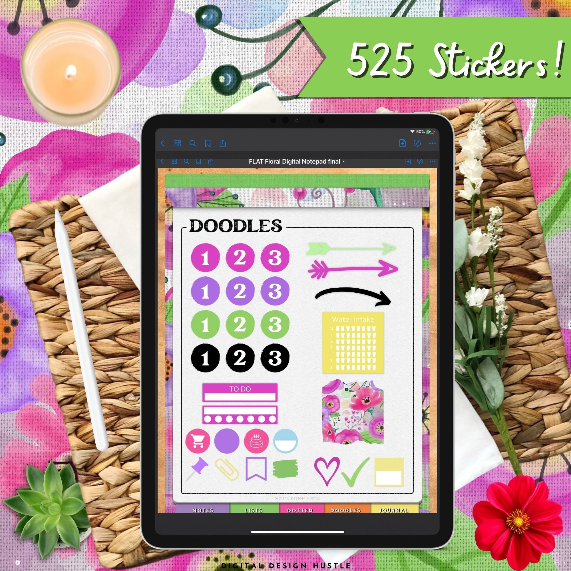 Floral Digital Notepad With Digital Stickers