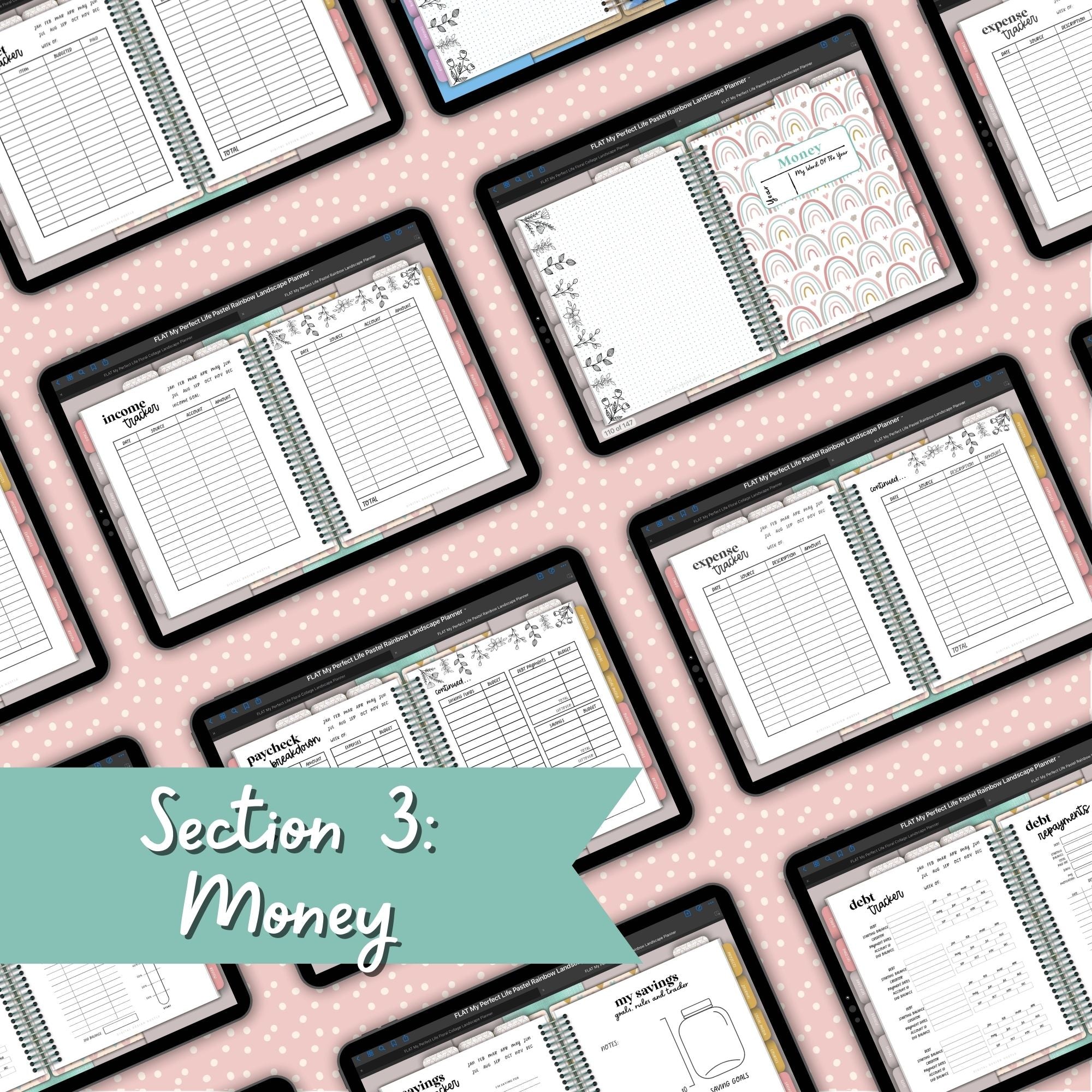 Pastel Rainbows Undated Digital Landscape Planner With Digital Stickers