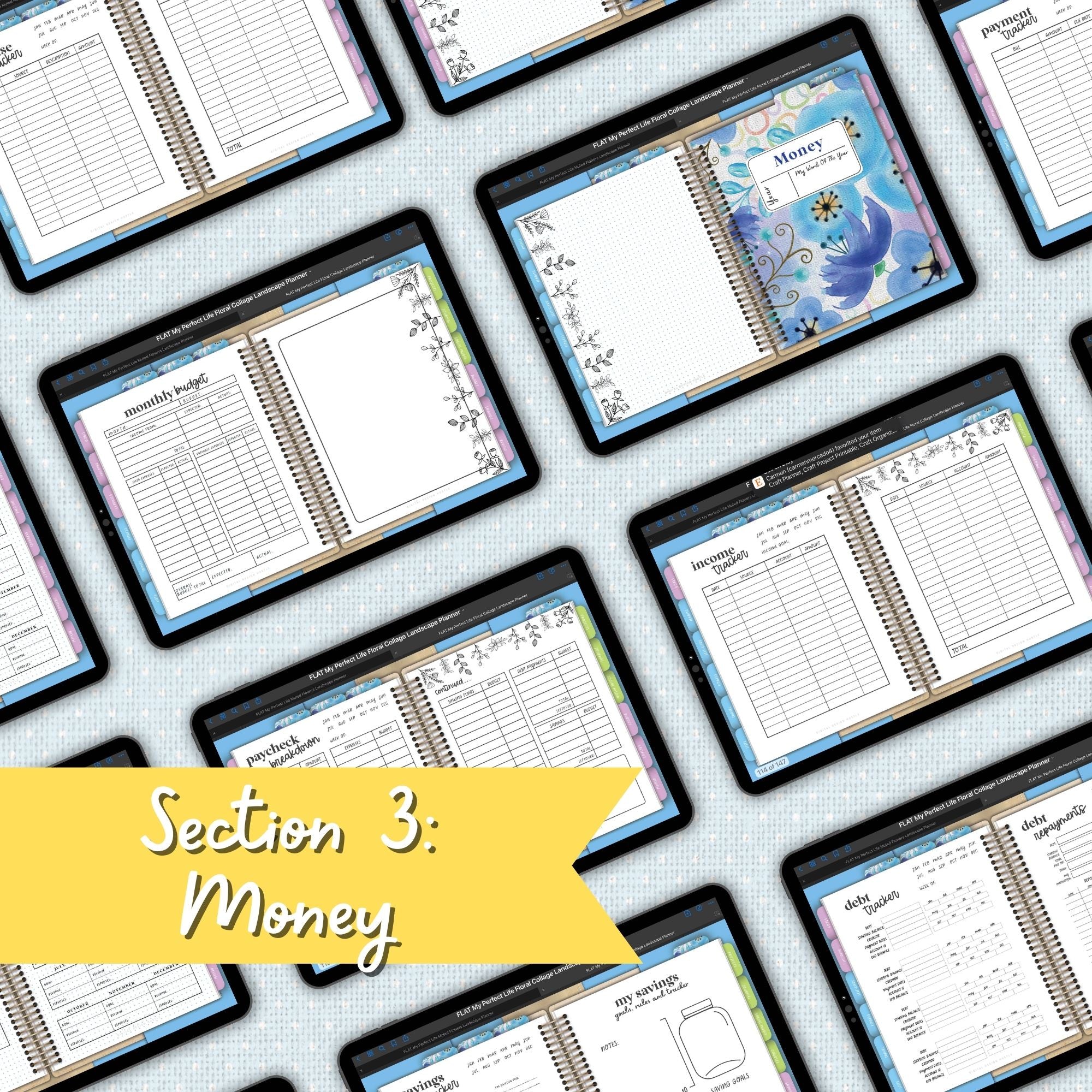 Blue Floral Collage Digital Landscape Planner With Digital Stickers