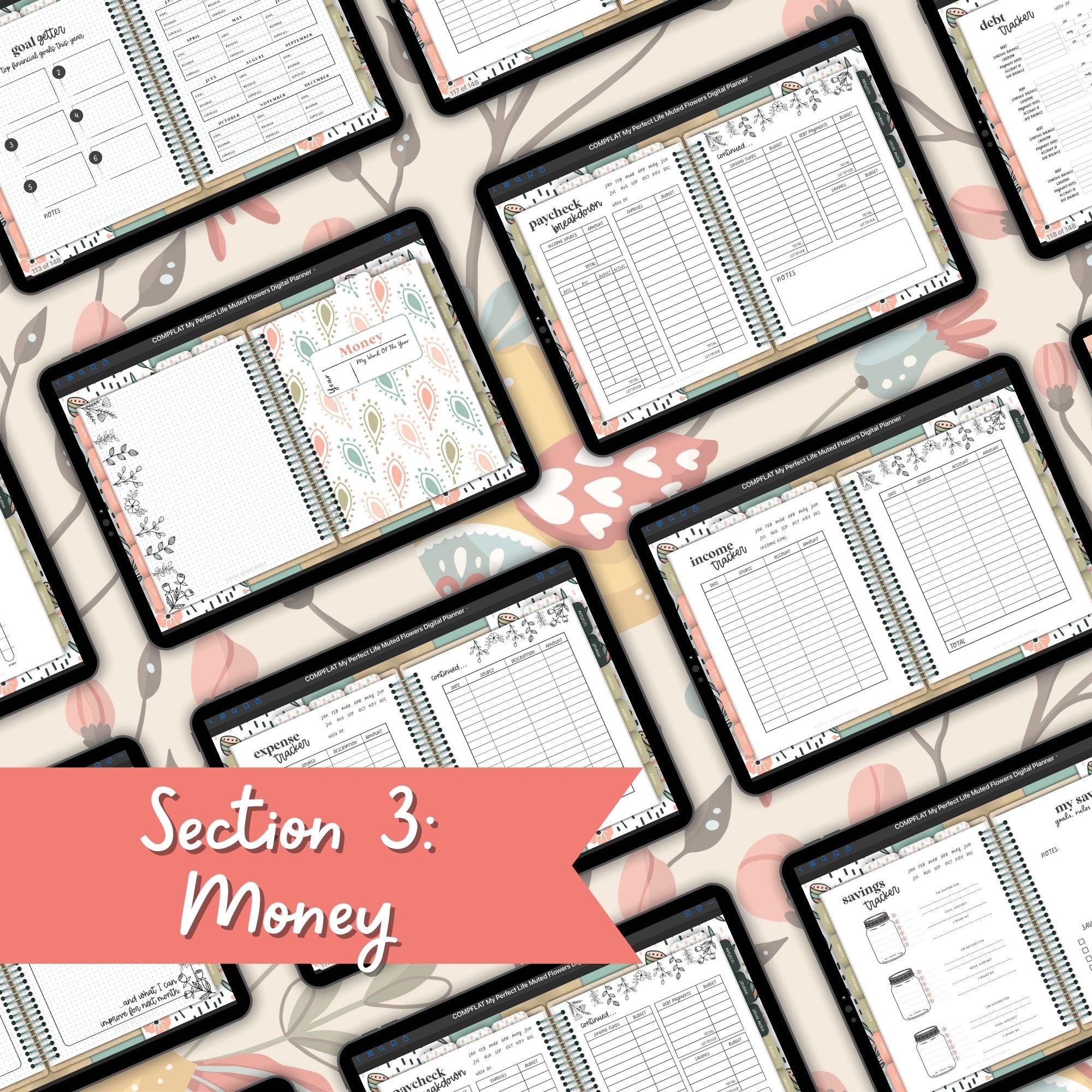 Muted Flowers Digital Landscape Planner With Digital Stickers