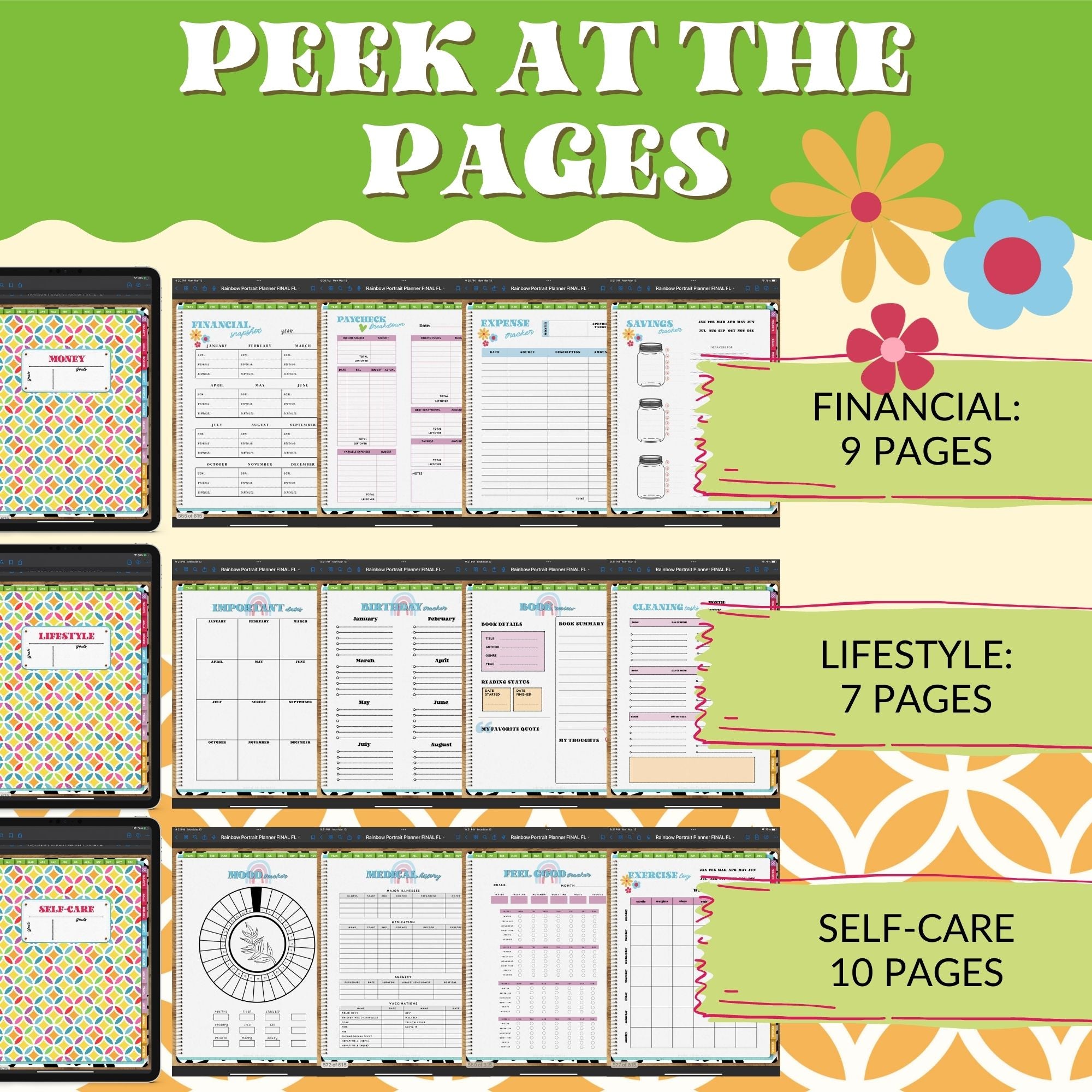 Plan your perfect day with this digital rainbow-themed Digital Life Planner. This undated digital planner has all the tools you need to get organized in your life.