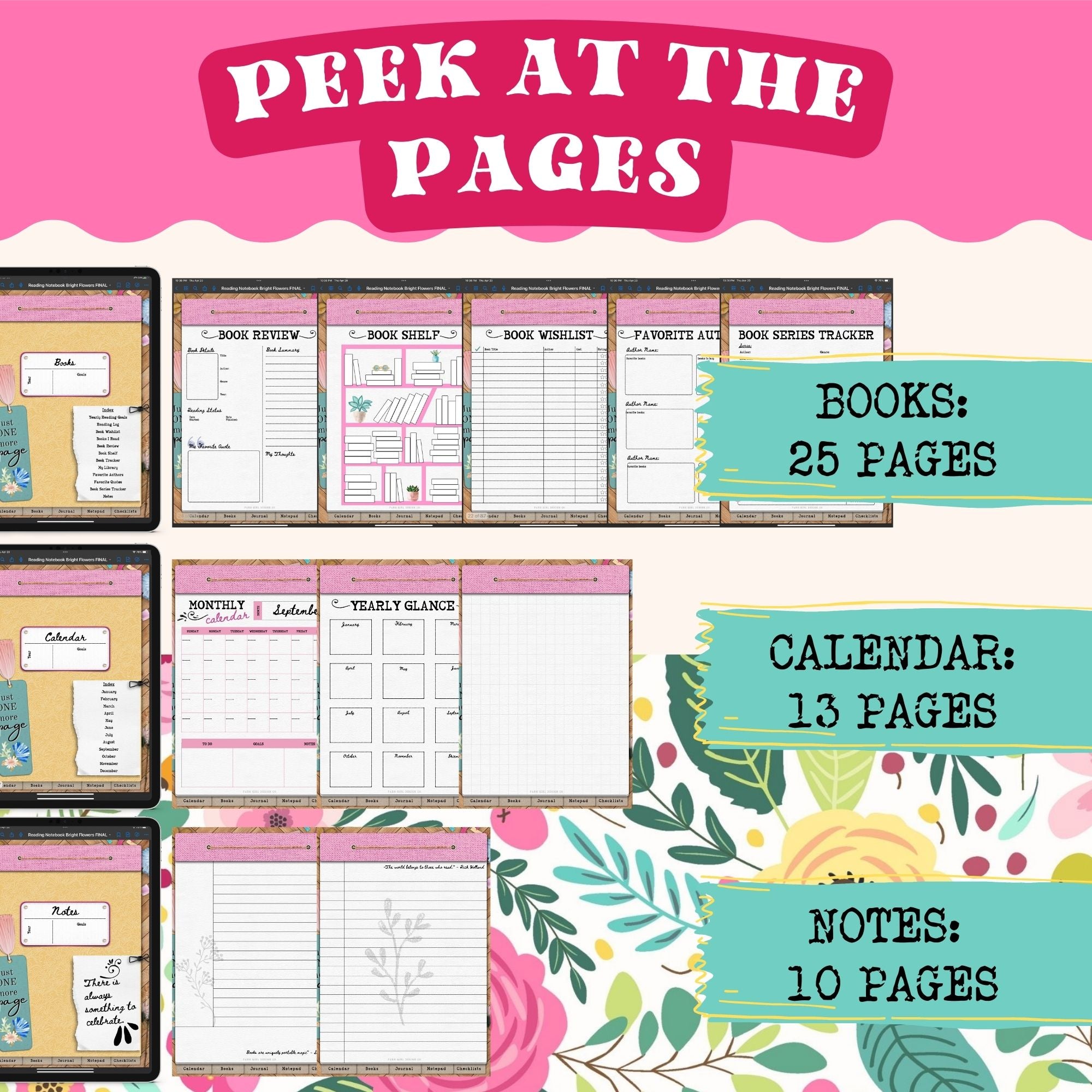 This bright floral-themed digital reading notebook is a fun way to track reading progress, take notes in the digital notebook and write ideas and thoughts in the digital journal. This reading planner 5 different hyperlinked sections: Reading Planner, Journal, Calendar, Notes, and checklists.