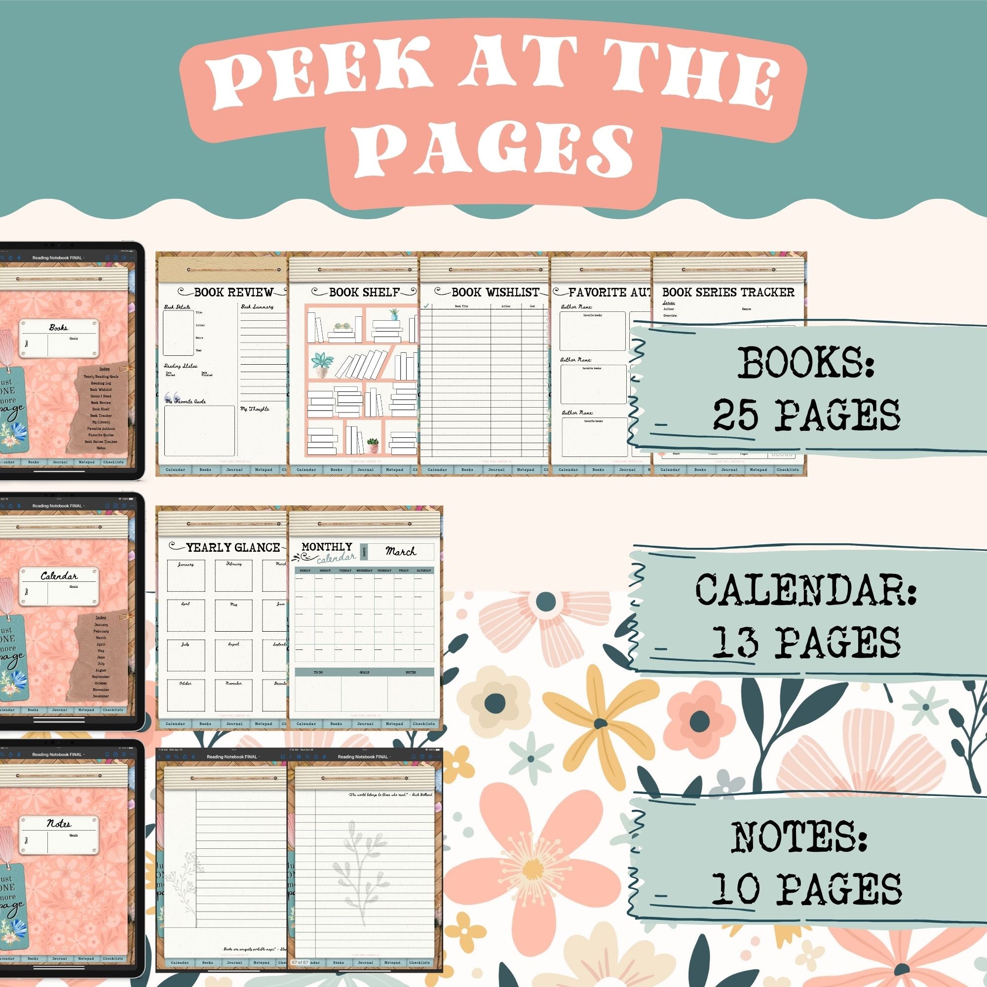 This dark floral-themed digital reading notebook is a fun way to track reading progress, take notes, and write ideas and thoughts in the digital journal. This digital reading planner 5 different hyperlinked sections: Reading Planner, Journal, Calendar, Notes, and Checklists.