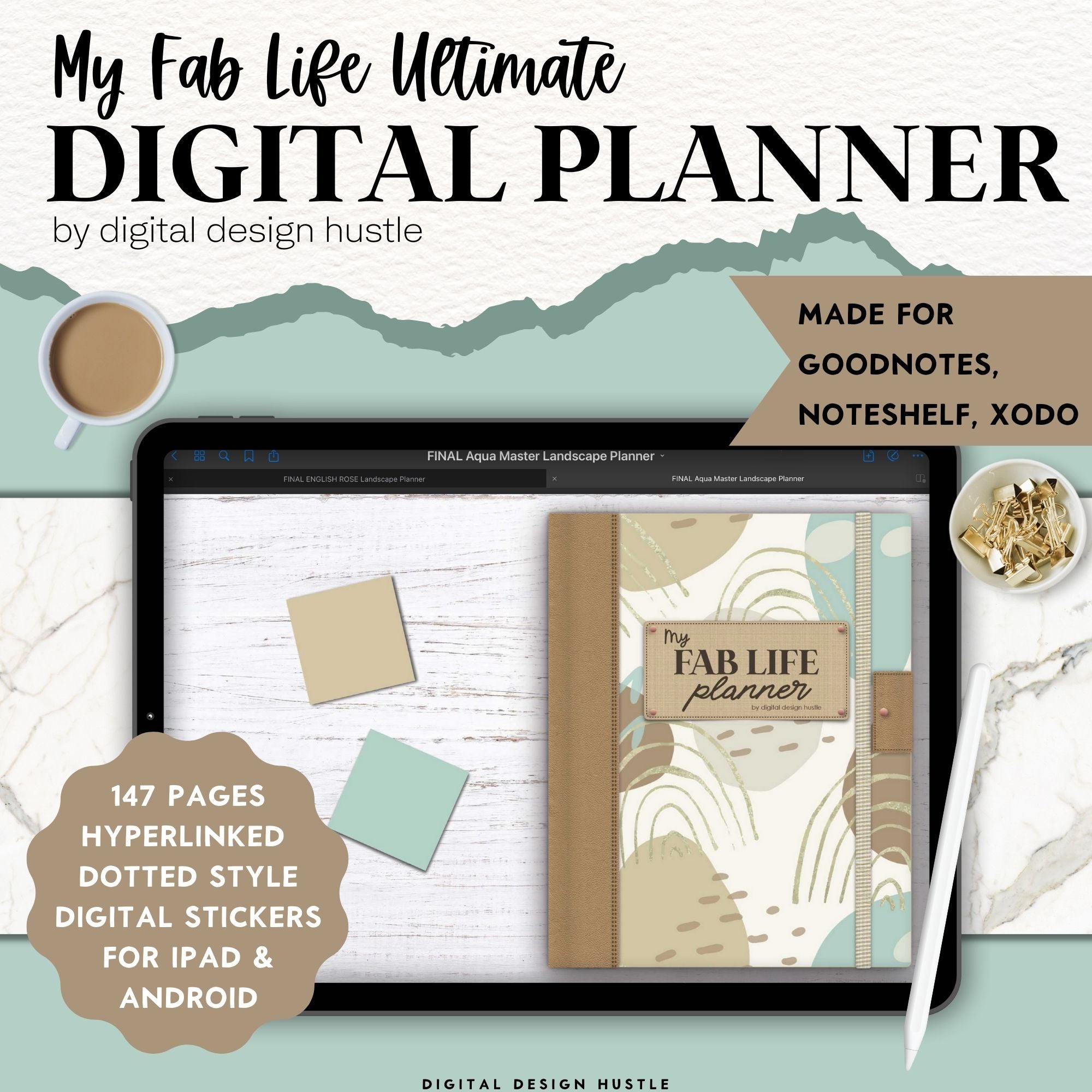 Plan your perfect day with this abstract aqua digital Life Planner. This is a landscape style planner has an abstract aqua pattern. This undated digital planner has all the tools you need to get organized in your life. This All In One Digital Planner will help you focus on your yearly, monthly, weekly & daily plans as well as goals, finances, lifestyle, wellness, business, mindset and more. This makes a great parent planner for busy moms who want to stay organized.