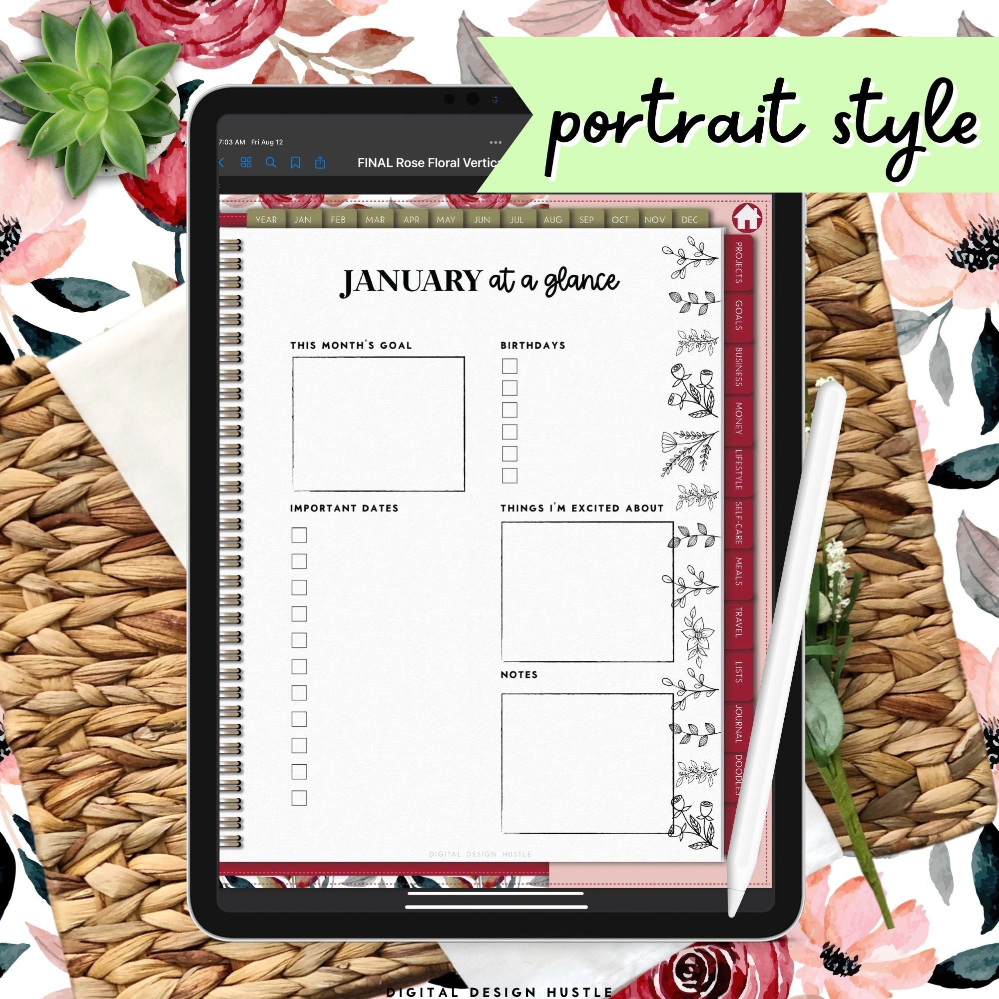 Floral Rose Digital Planner With Digital Stickers