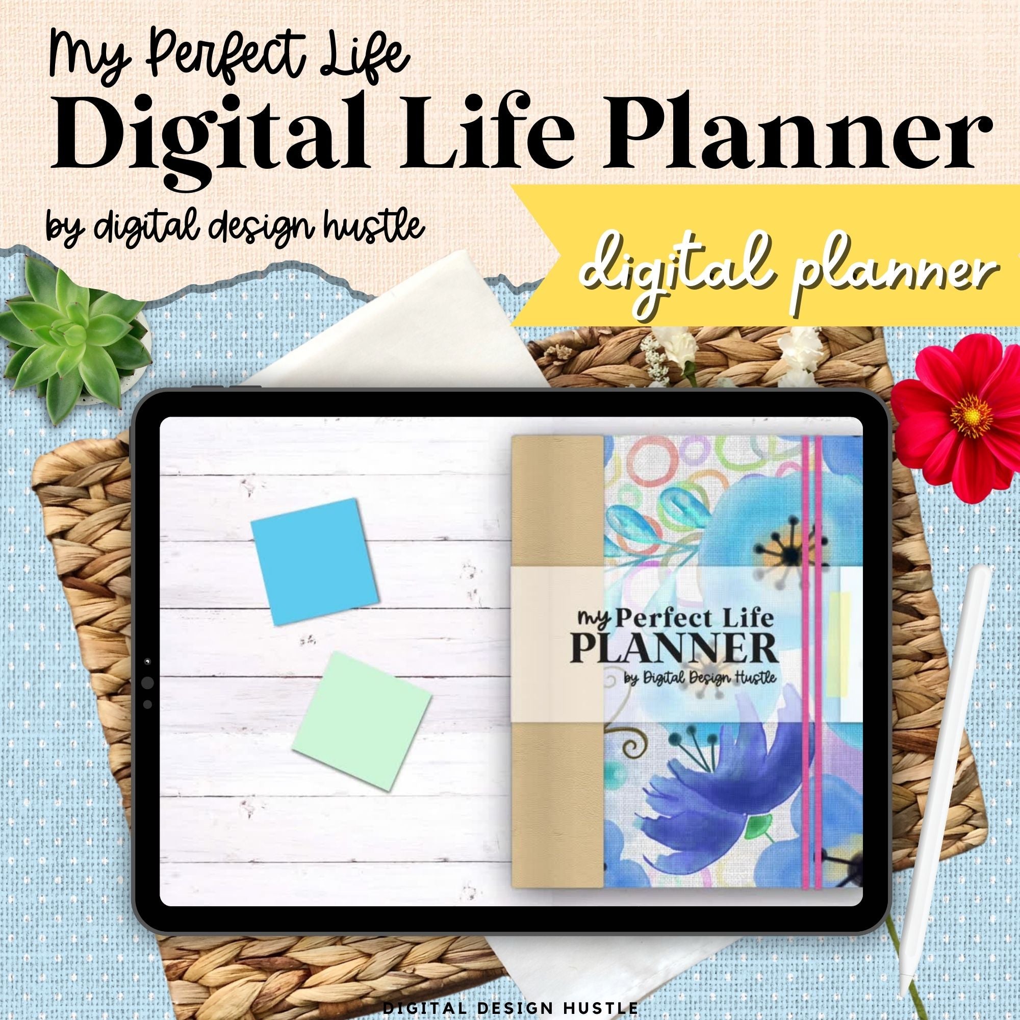 Blue Floral Collage Digital Landscape Planner With Digital Stickers