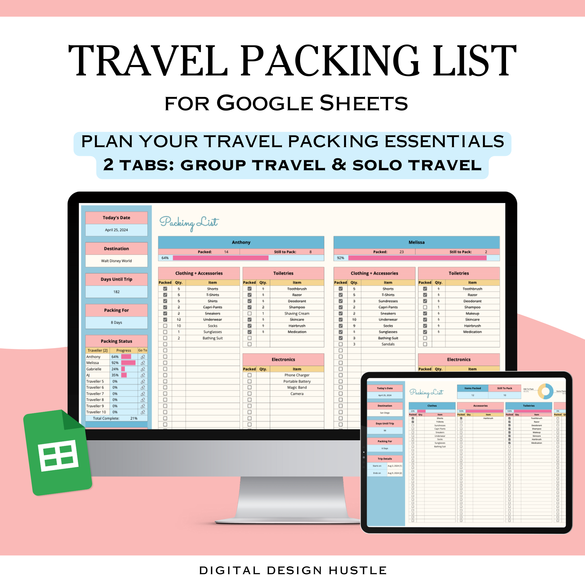 Are you tired of the pre-trip chaos and the post-trip panic of forgotten essentials? Our Trip Packing List Spreadsheet for Google Sheets is here to save the day.Two Versions Included:Group Packing List: Perfect for family vacations or group travel, up to 10 travelers. Solo Packing List: Tailored for solo adventurers or those who simply require a more extensive packing checklist. 