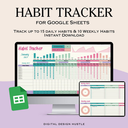 Transform your habits with our powerful Habit Tracker for Google Sheets! This customizable spreadsheet is designed to help you track up to 15 daily habits and 10 weekly habits effortlessly. Whether you&