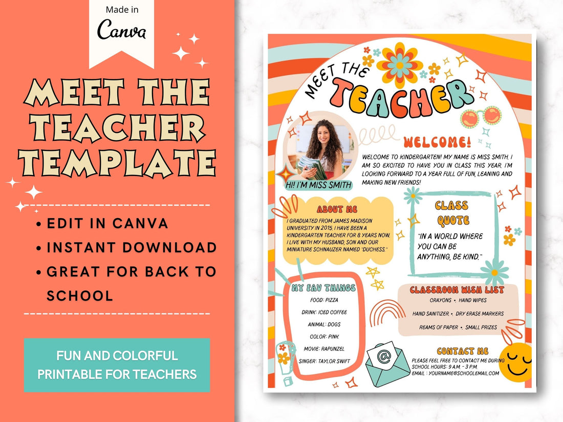 Welcome to our &quot;Groovy Meet The Teacher&quot; template, designed to make a lasting impression on your students and their families! Whether you&