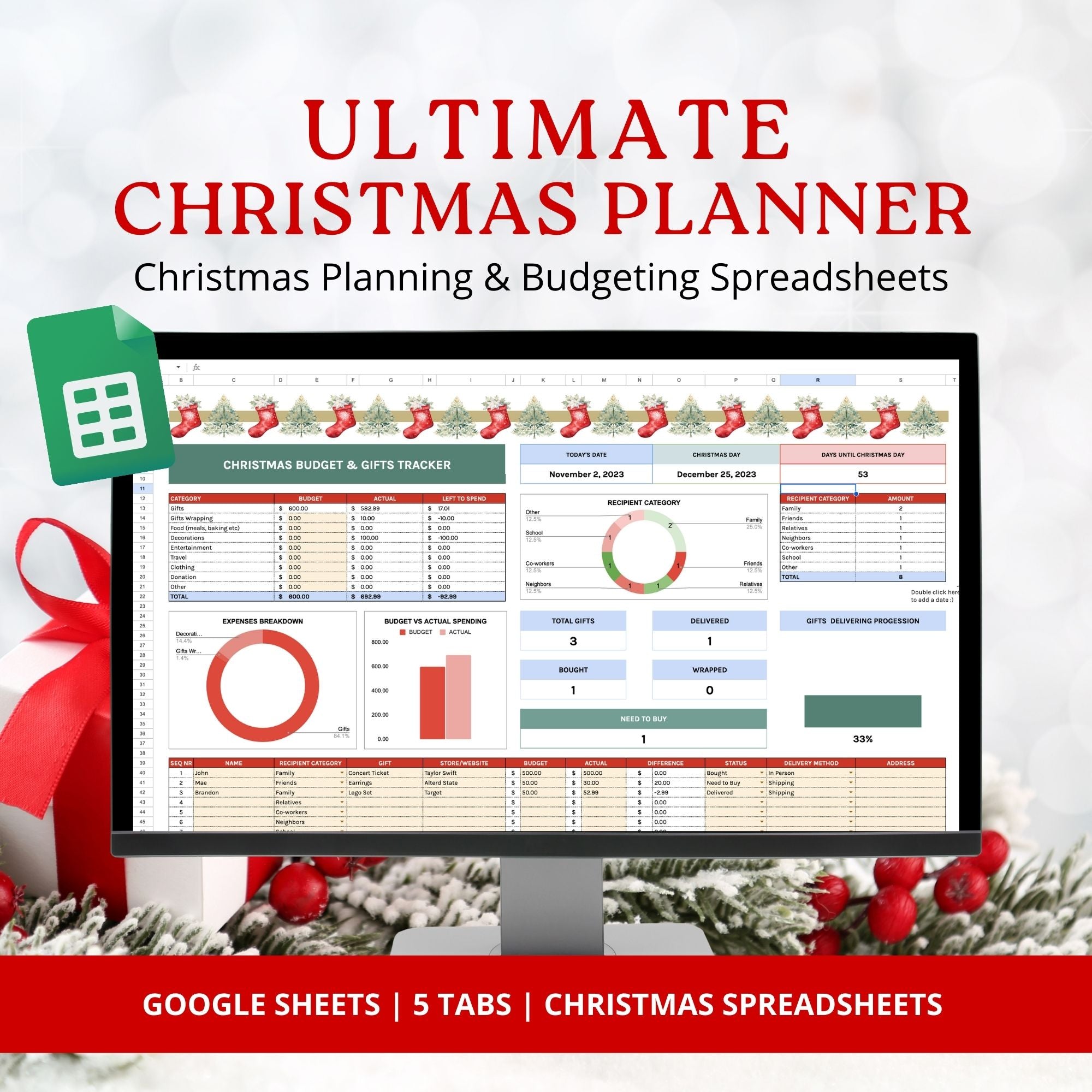 Welcome to the ultimate digital Christmas Planner Spreadsheet for Google Sheets! This comprehensive planner is your go-to solution for a stress-free and organized holiday season. With five dedicated tabs, it&