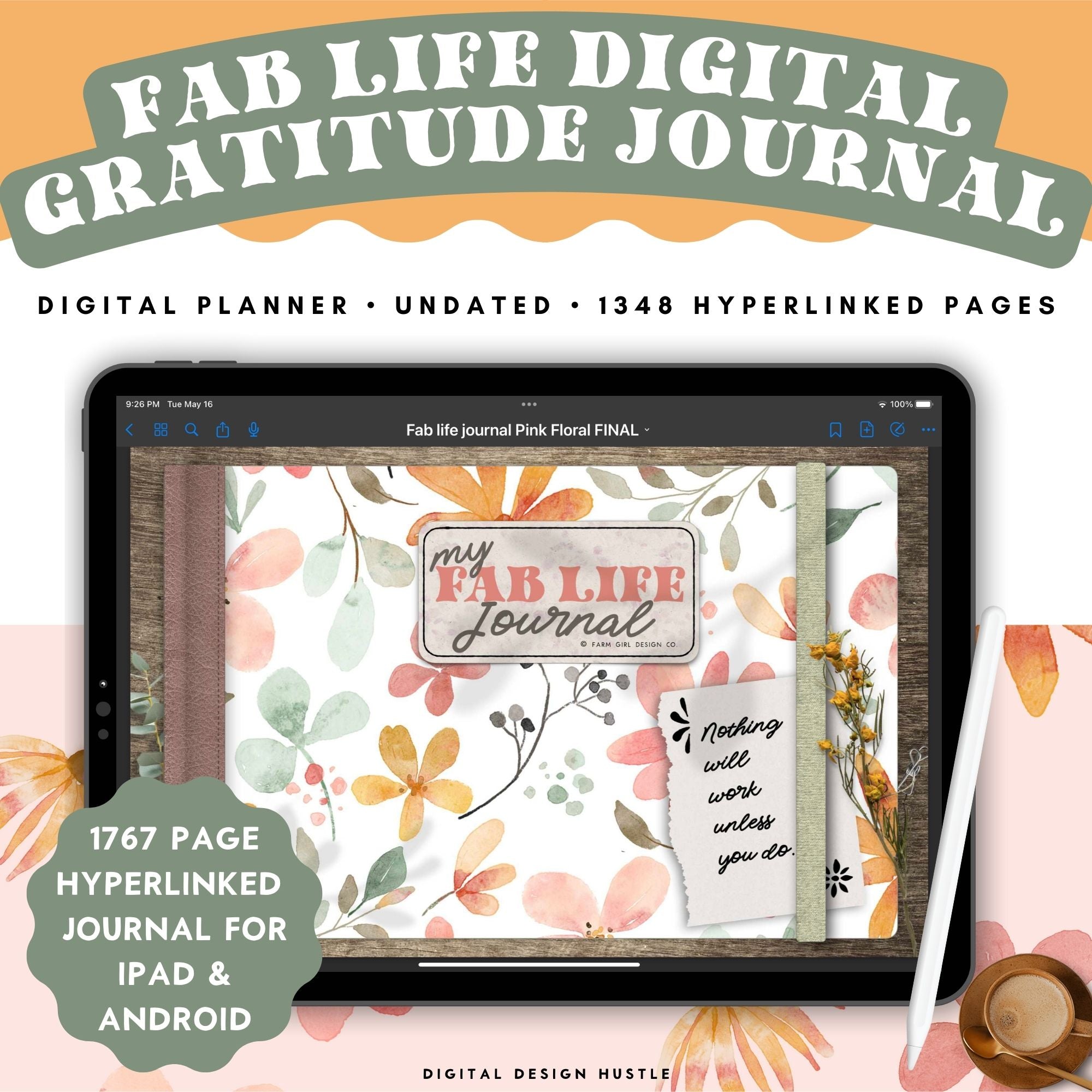 Take care of your mind, body and health with this floral digital gratitude journal. Use this beautifully designed planner to record and take note of your mental health. This self-care planner has 1348 hyperlinked pages for monthly and daily journaling. Track your gratitude for each day of the year.