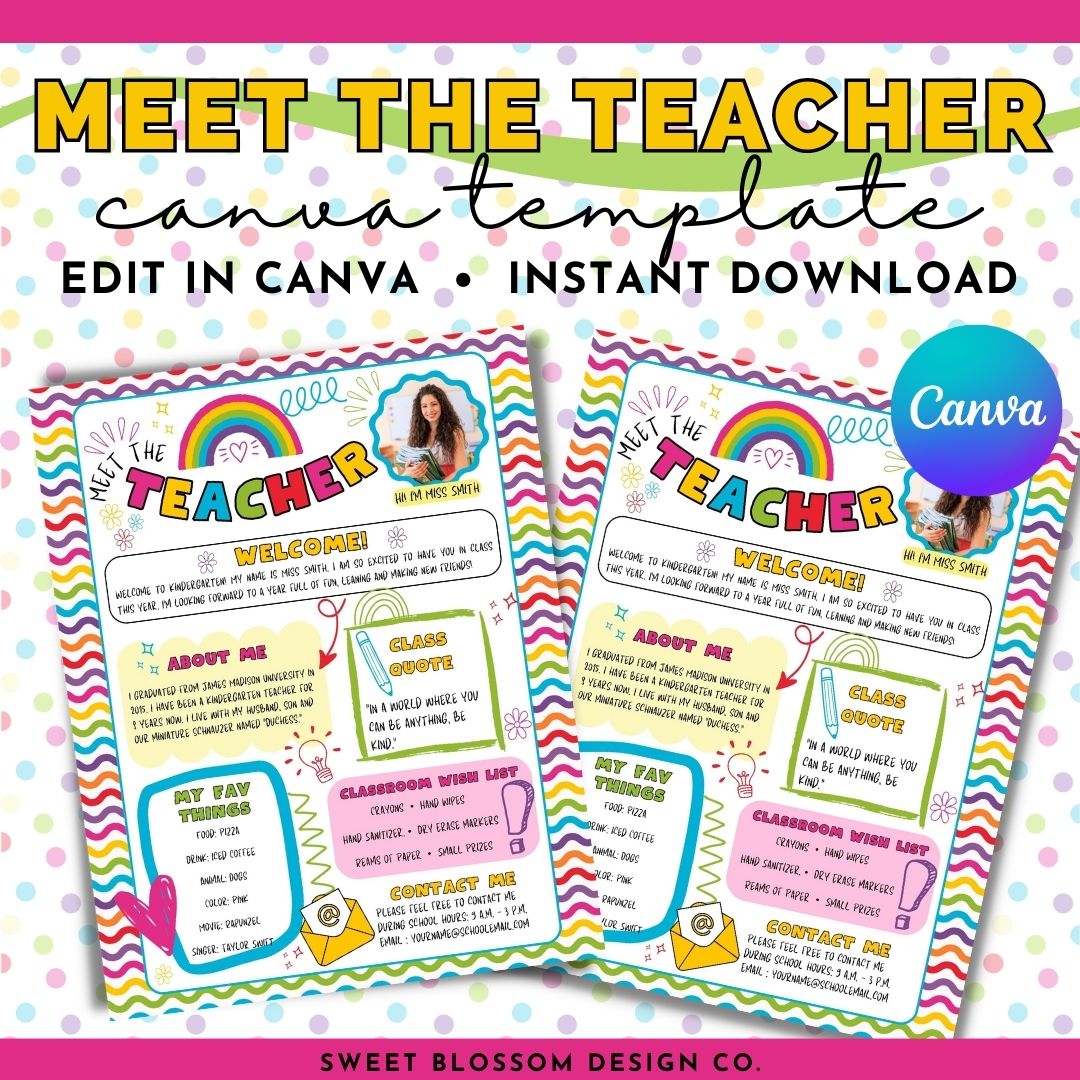 Welcome to our bright and colorful &quot;Meet The Teacher&quot; Canva template, designed to make a lasting impression on your students and their families! This editable Canva template is perfect for introducing yourself and creating a warm and inviting atmosphere for the upcoming school year. 