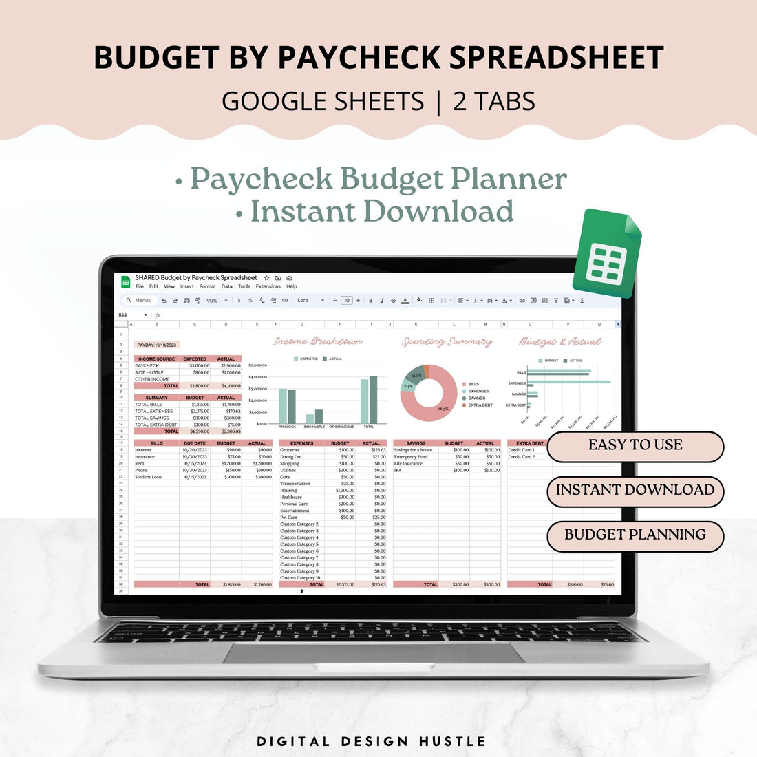 Welcome to our Budget By Paycheck Google Sheets Planner, a powerful tool designed to help you take control of your finances effortlessly. This 2-tab spreadsheet includes a comprehensive Paycheck Budget and an intuitive Expense Tracker, providing you with a holistic approach to managing your finances.