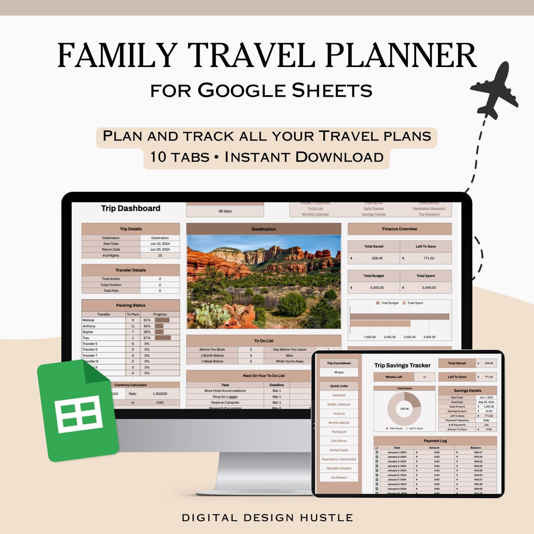 Welcome to the ultimate Trip Planner Spreadsheet. Plan your dream family vacation with ease using our comprehensive Travel Planner Spreadsheet for Google Sheet. This versatile 10-tab planner includes a Travel Budget Planner, Travel To-Do List, and a detailed Budget Breakdown.