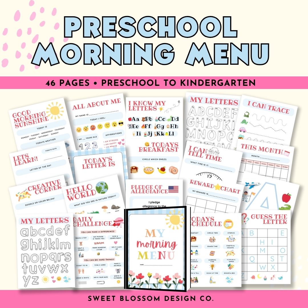 Introducing our comprehensive Homeschool Bundle, featuring the Preschool Morning Menu Printable, a cornerstone of Morning Time in any Homeschool Preschool. This workbook bundle comes complete with Morning Menu Pages, Preschool Worksheets, a Morning Calendar, and even a Name Tracing feature. 